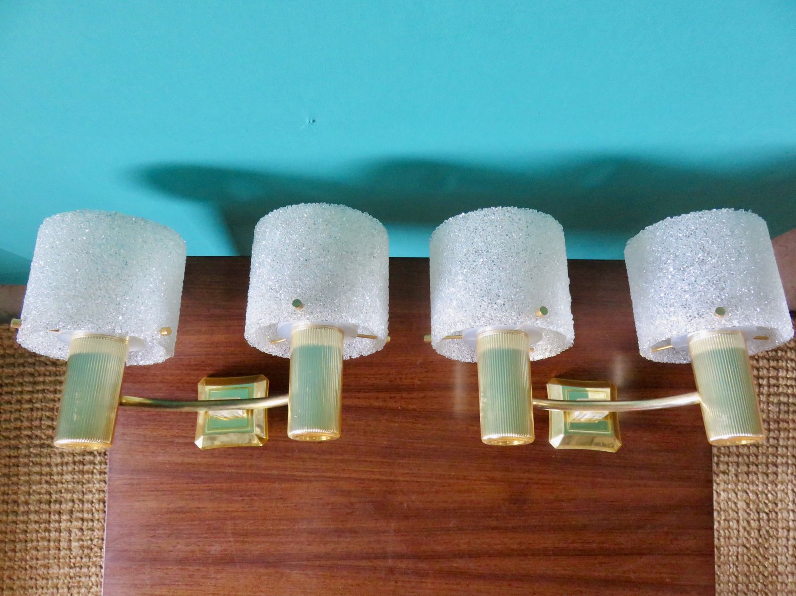 Pair Of Brass And Gold Plastic Wall Lights With Granite Shades. France 1950