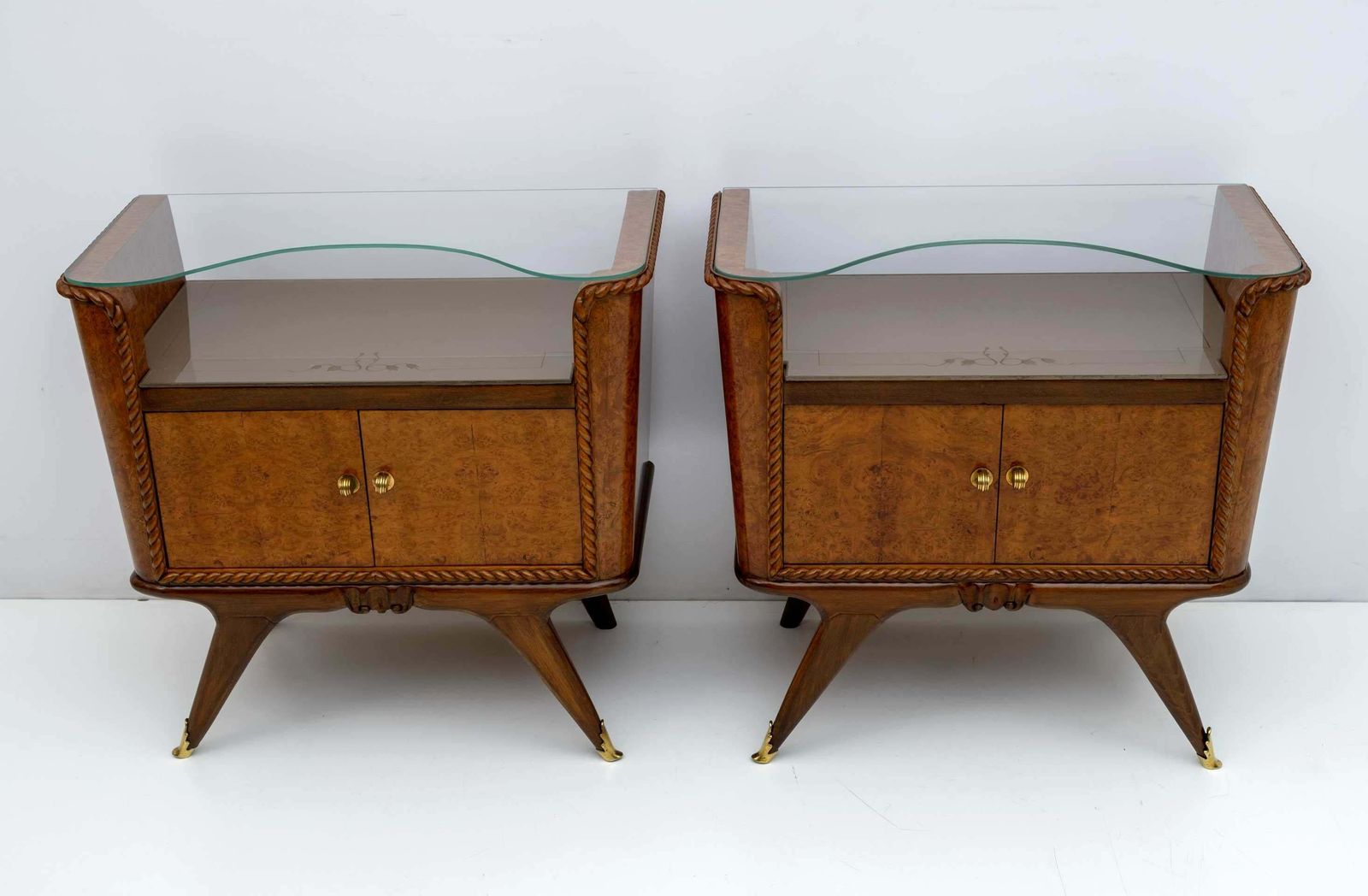 Pair Of Art Deco Italian Briar Walnut Bedside Tables, 1930s photo for sale