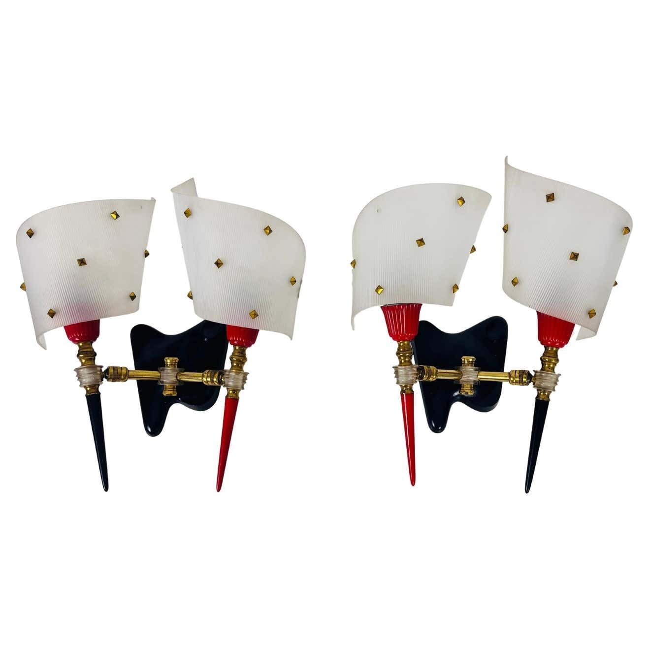 Pair Of 2 Brass And Plexiglass Wall Lamps By Maison Arlus, 1960, France