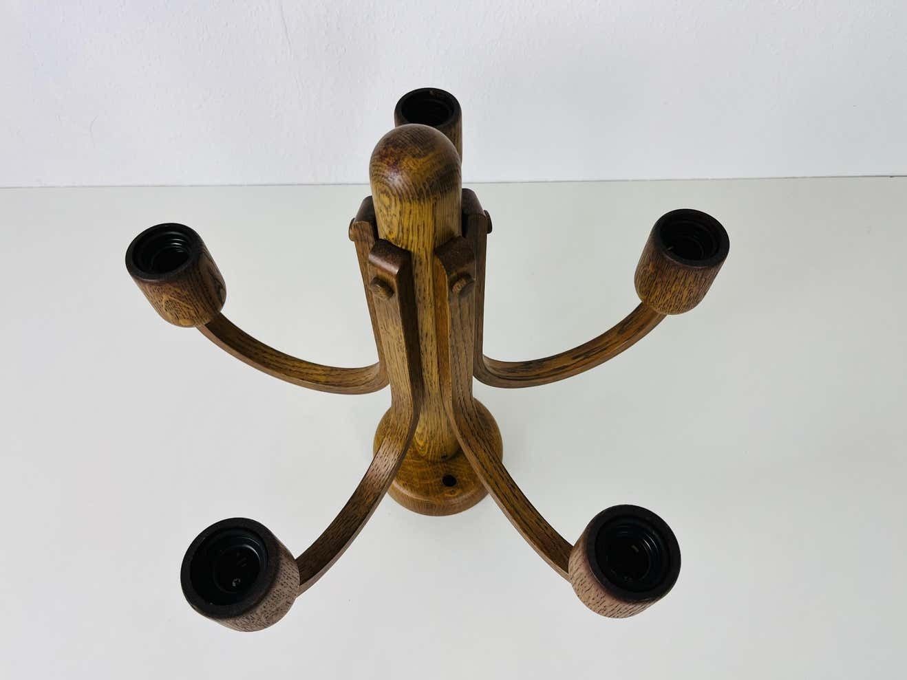 Midcentury Wooden Pendant Lamp With 5 Arms By Domus, 1960s photo Lighting