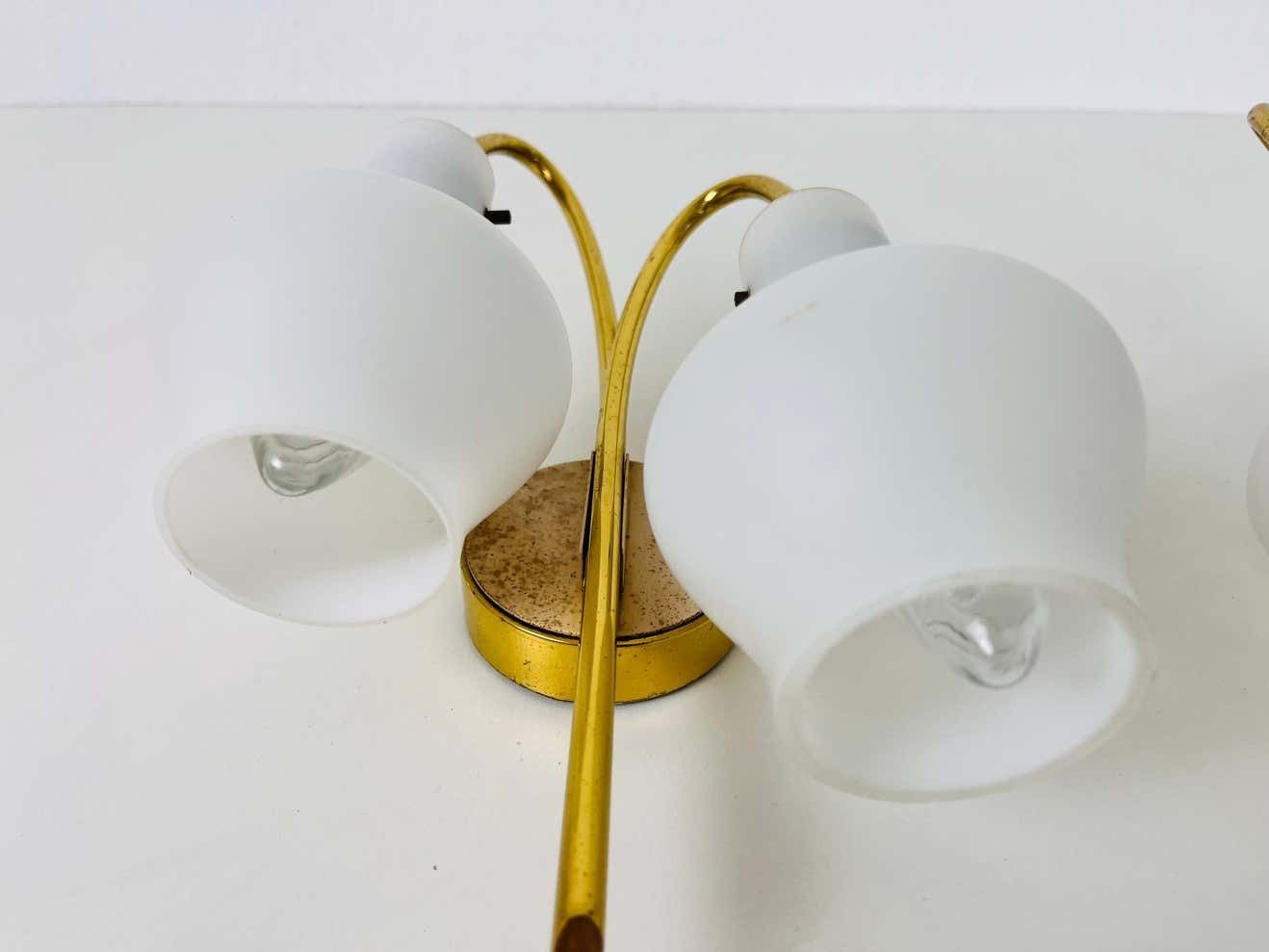Pair Of Mid Century Brass And Opaline Glass Wall Lamps, Italy, 1960s photo vinterior
