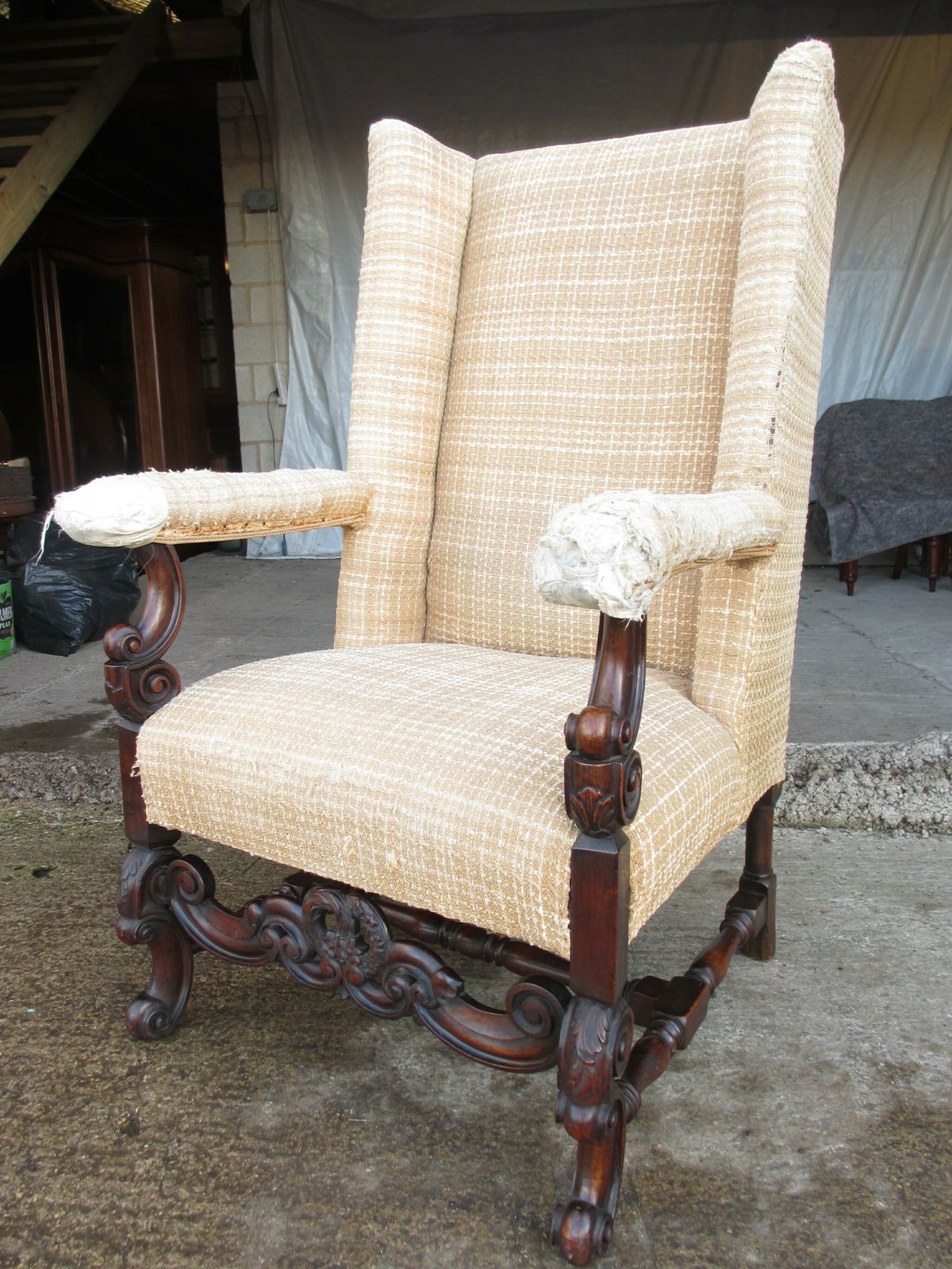 19th Century Carved Walnut High Wing Back Armchair photo 1250.0