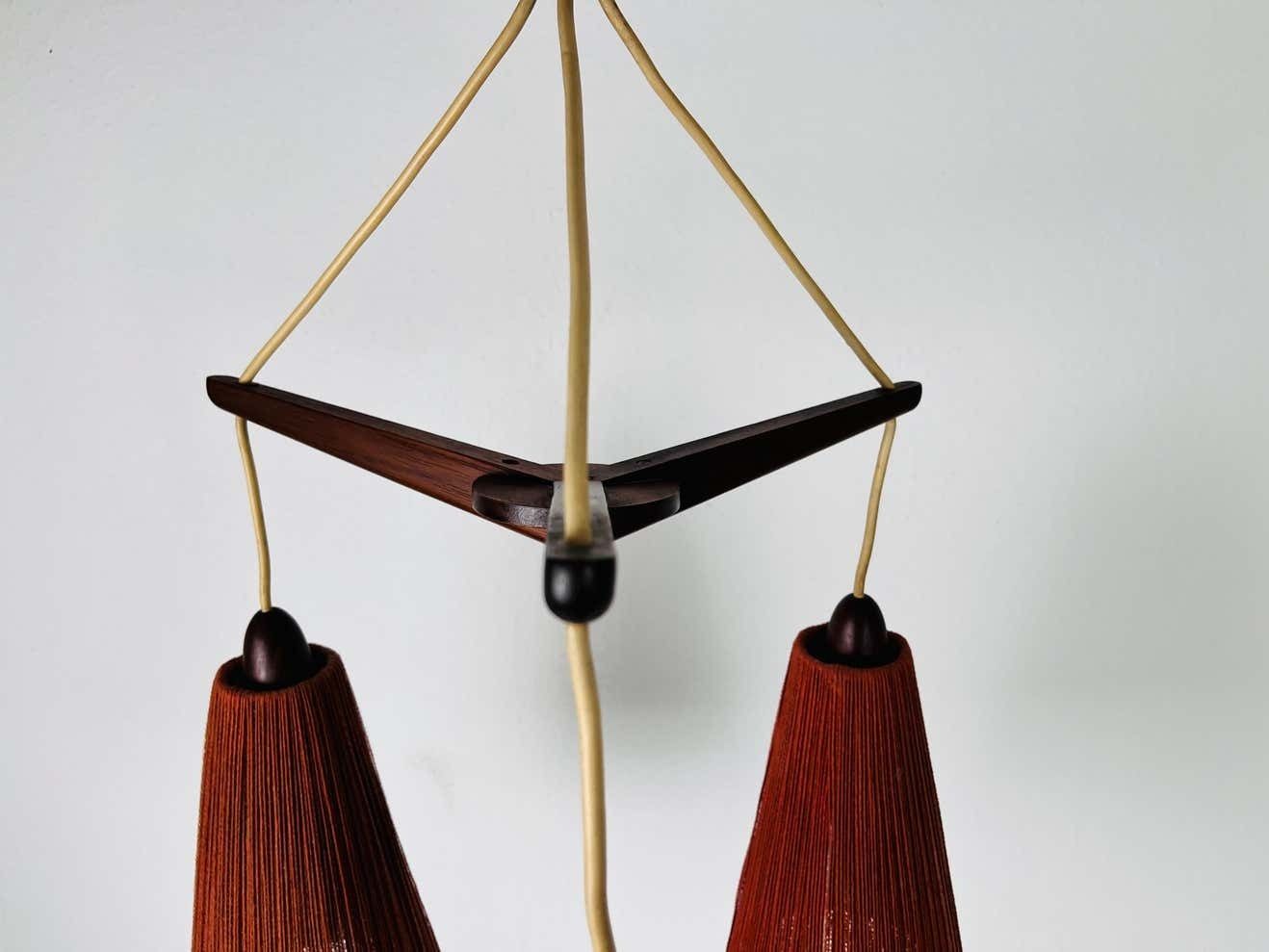 Midcentury Teak And Cord Shade Hanging Lamp By Temde, Circa 1960 photo vinterior