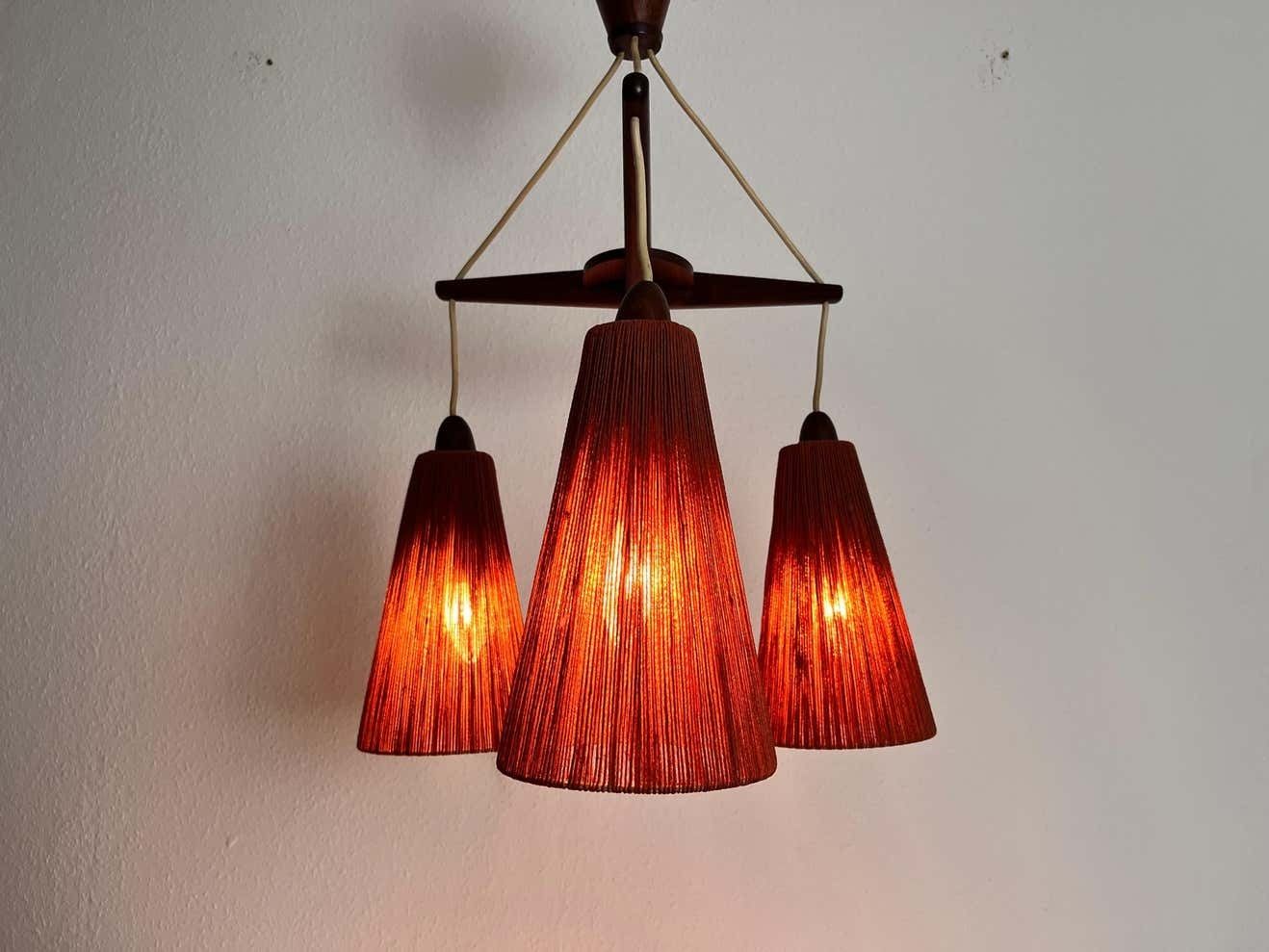 Midcentury Teak And Cord Shade Hanging Lamp By Temde, Circa 1960 photo vintage