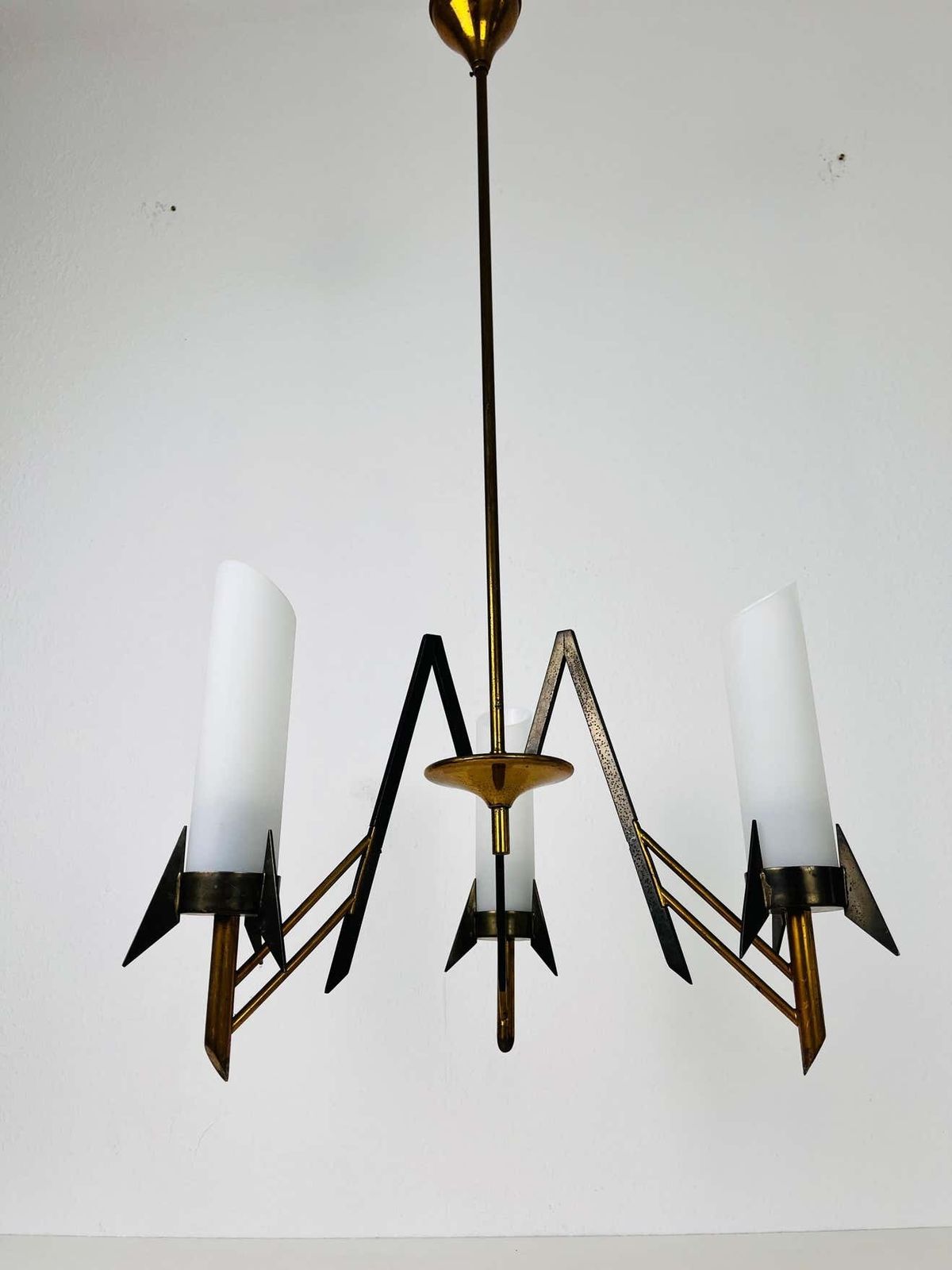 Italian Mid Century Brass And Opaline Glass 3 Arm Chandelier, 1960s photo Lighting