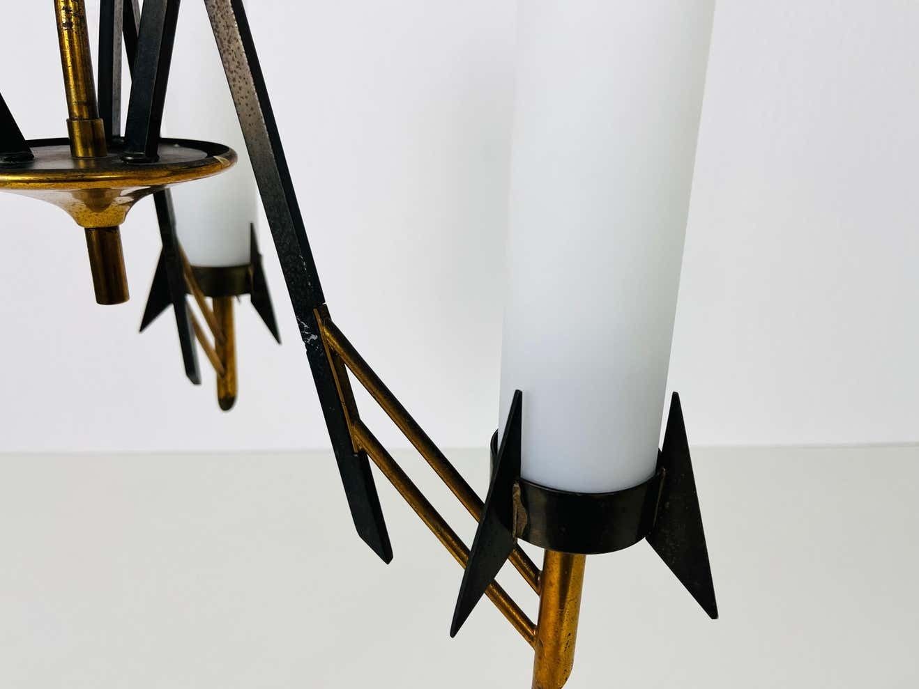 photo furniture Italian Mid Century Brass And Opaline Glass 3 Arm Chandelier, 1960s