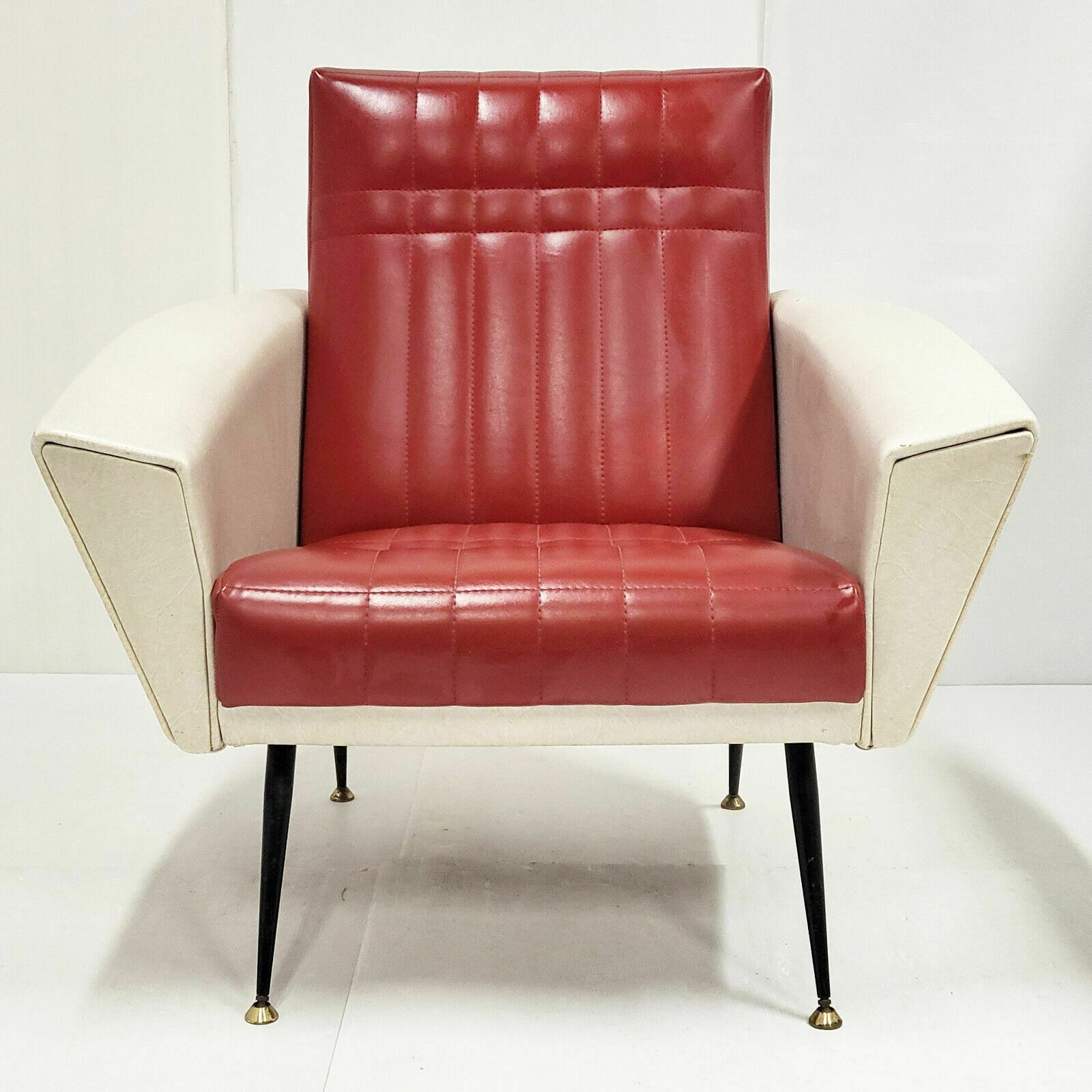Vintage 1950 French Armchair In Skai Bordeaux & White Beige 50s Rockabilly 50s