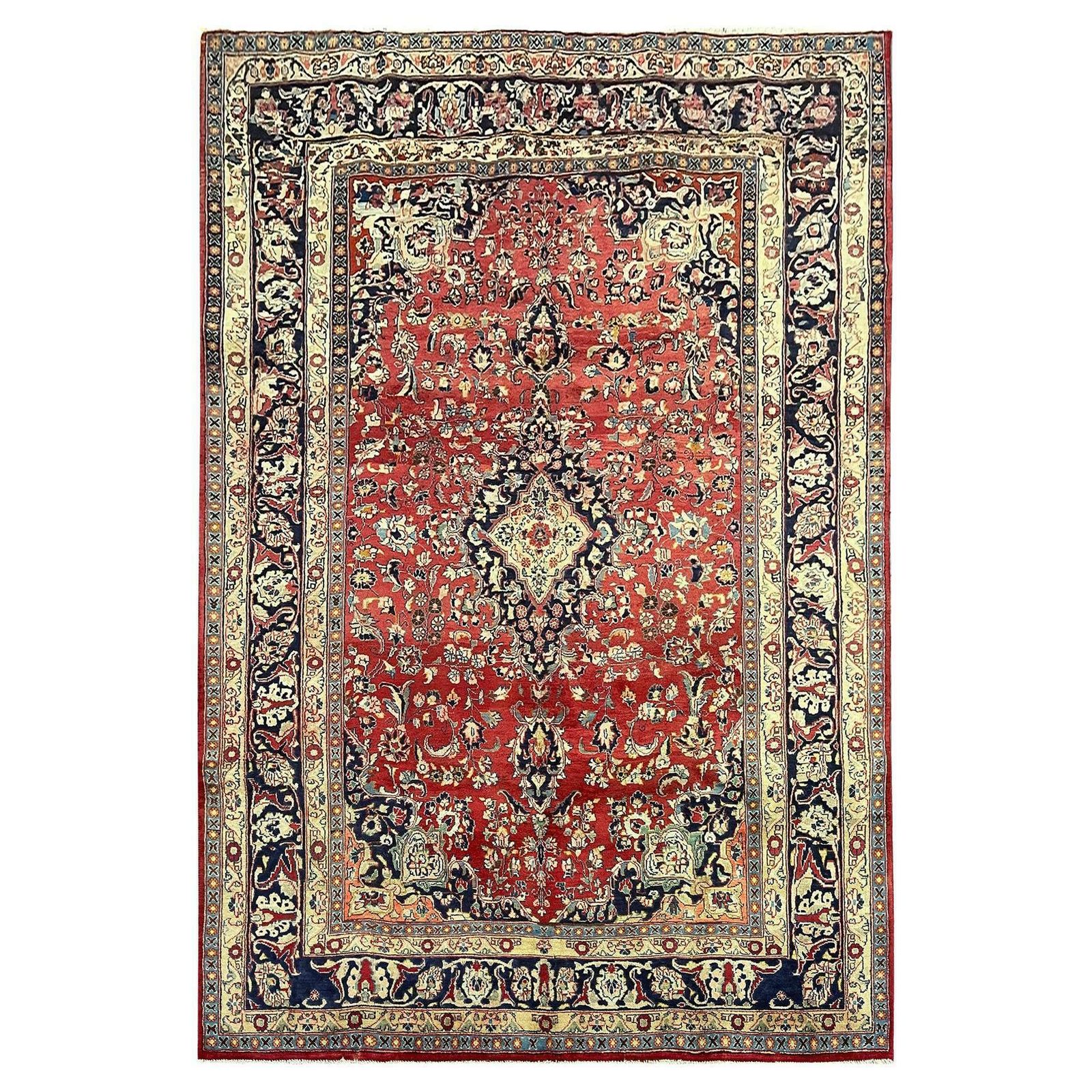 Large Vintage Rug Handmade Carpet Red Wool Oriental Livingroom Rug
