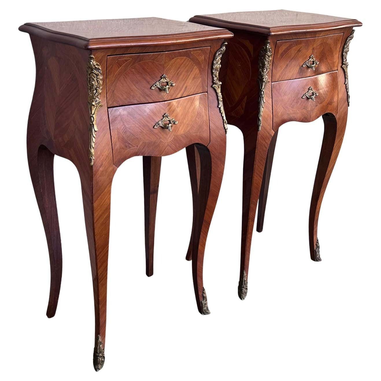 Antique Louis XV French Marquetry With Drawers Nightstands, Set Of 2