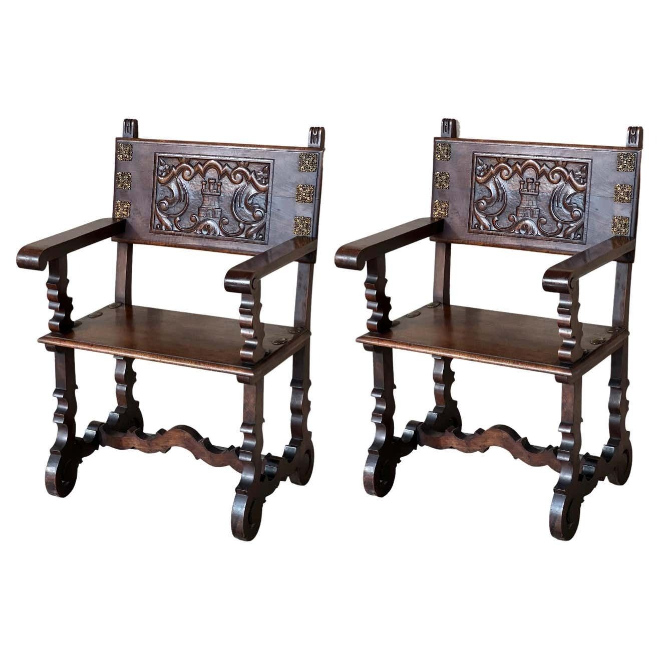 19th Century Spanish Colonial Altar Carved Armchairs With Wood Seat & Back