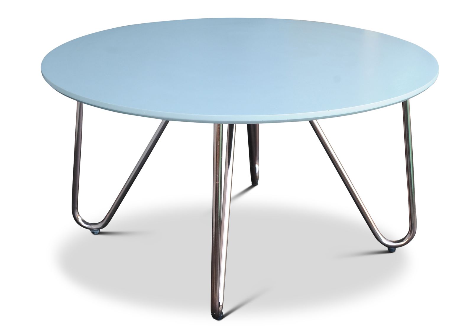 Modernist Circular Coffee Table With Grey Circular Top, With Tubular Coppered Hairpin Legs Ol