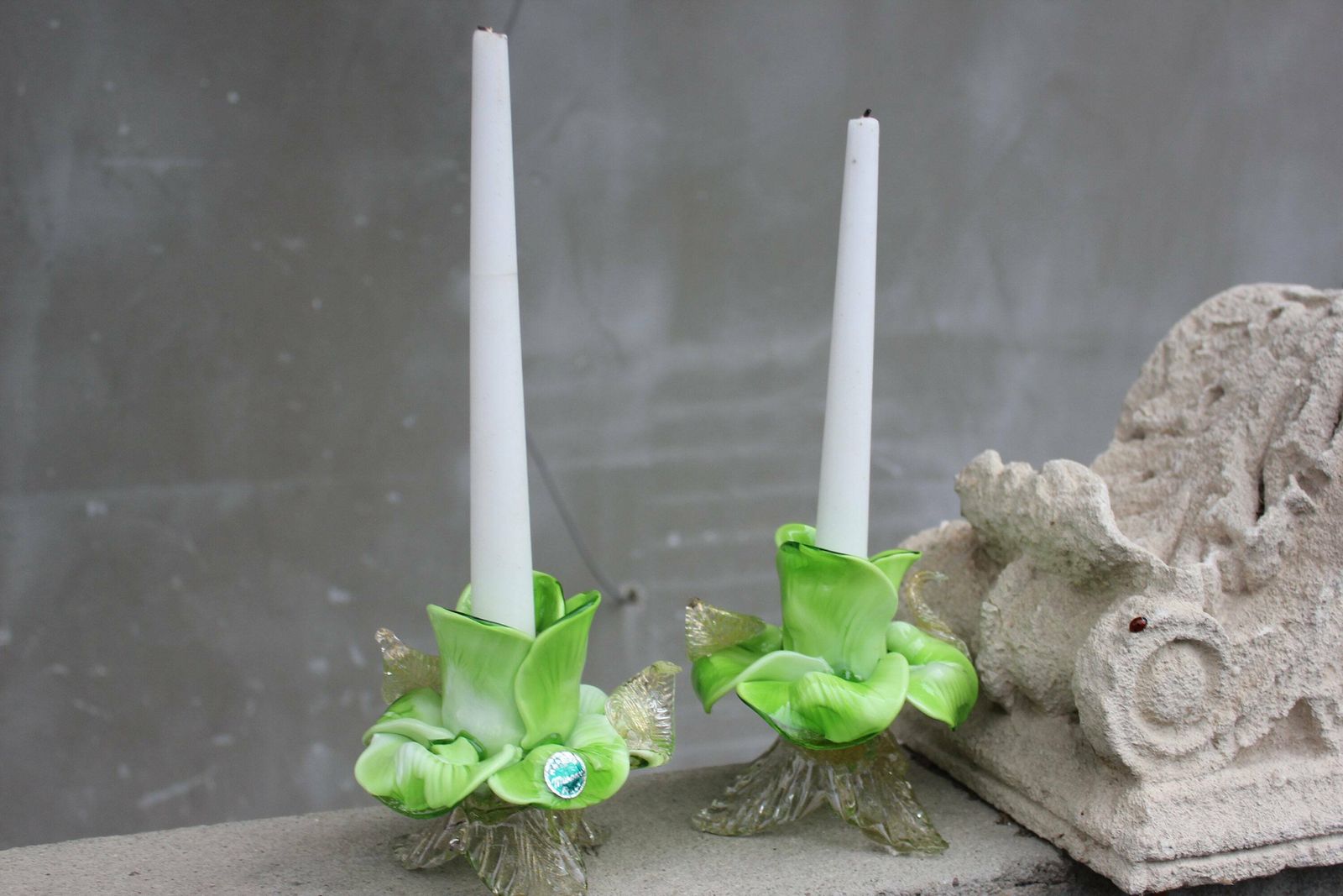 Perfect Set Of Candleholders, Green Italian Murano Glass And Gold Flake In Flower Shape, Green Home Accent, Collectible Art Glass photo furniture
