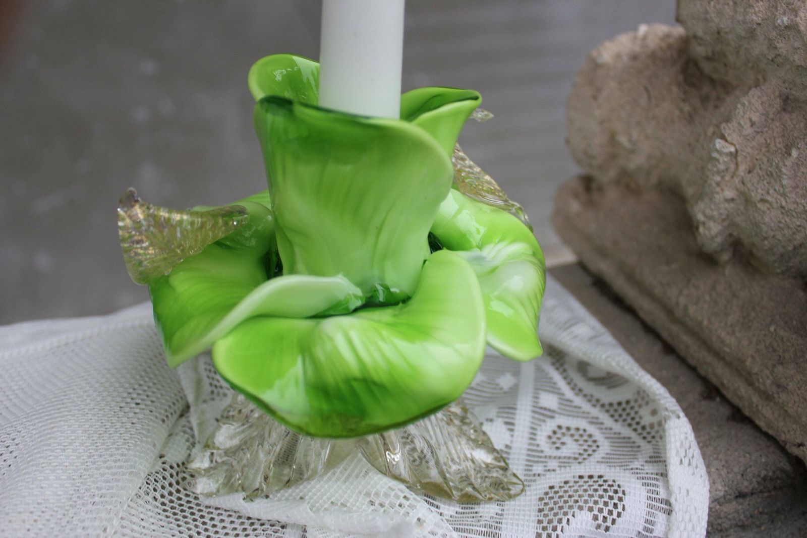 Perfect Set Of Candleholders, Green Italian Murano Glass And Gold Flake In Flower Shape, Green Home Accent, Collectible Art Glass photo Home Decor