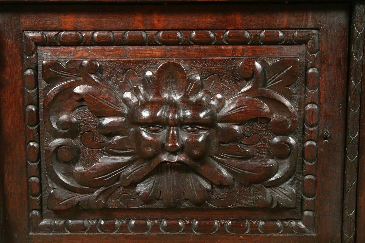 Furniture Antique English Victorian Carved Oak Green Man Buffet C1880 photo