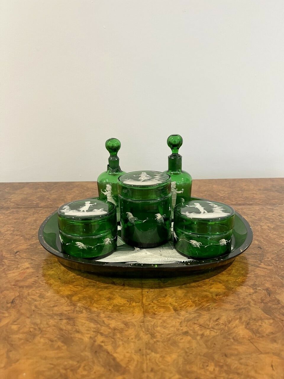 Rare Quality Victorian Mary Gregory Green Dressing Table Set photo for sale