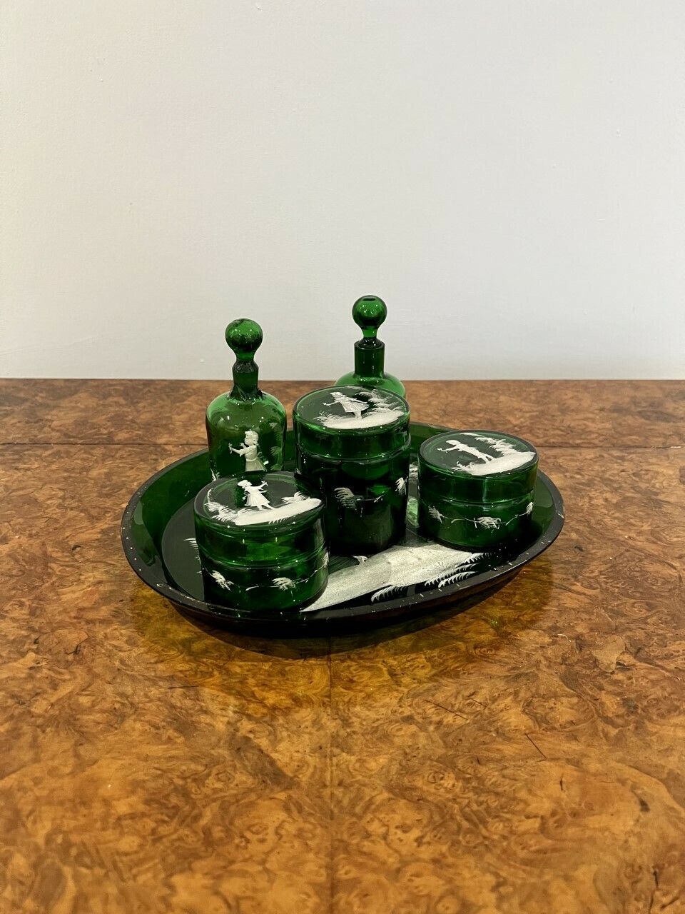 Rare Quality Victorian Mary Gregory Green Dressing Table Set photo vinterior