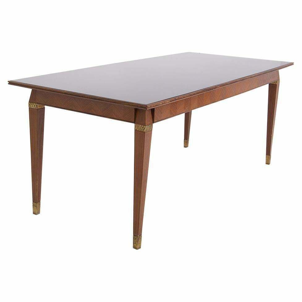 Italian Dining Table In The Style Of Paolo Buffa In Wood Brass And Smoked Glass