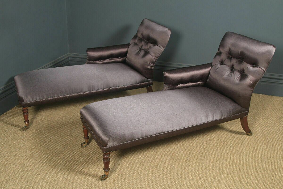 Antique English Matched Pair Of Regency Mahogany Upholstered Chaise Longues Day Beds (C.1825) photo 2750.0