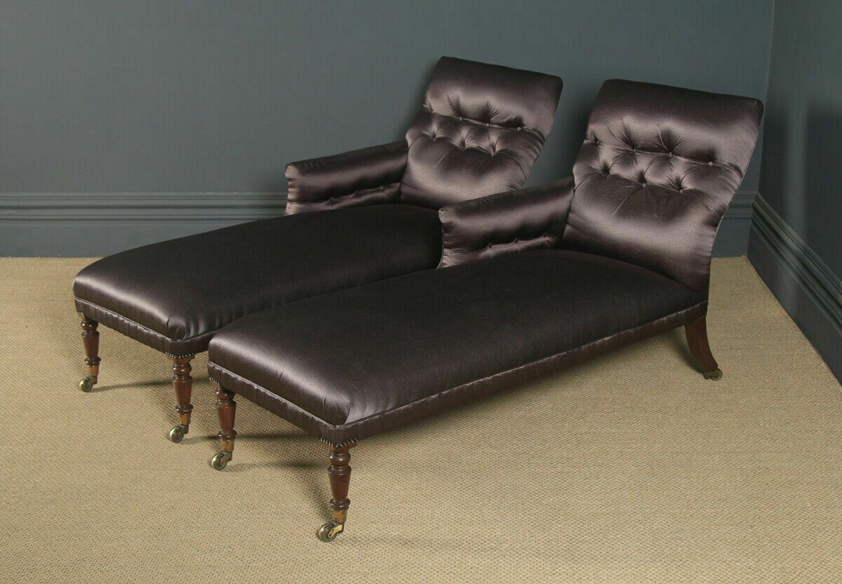 Furniture Antique English Matched Pair Of Regency Mahogany Upholstered Chaise Longues Day Beds (C.1825) photo