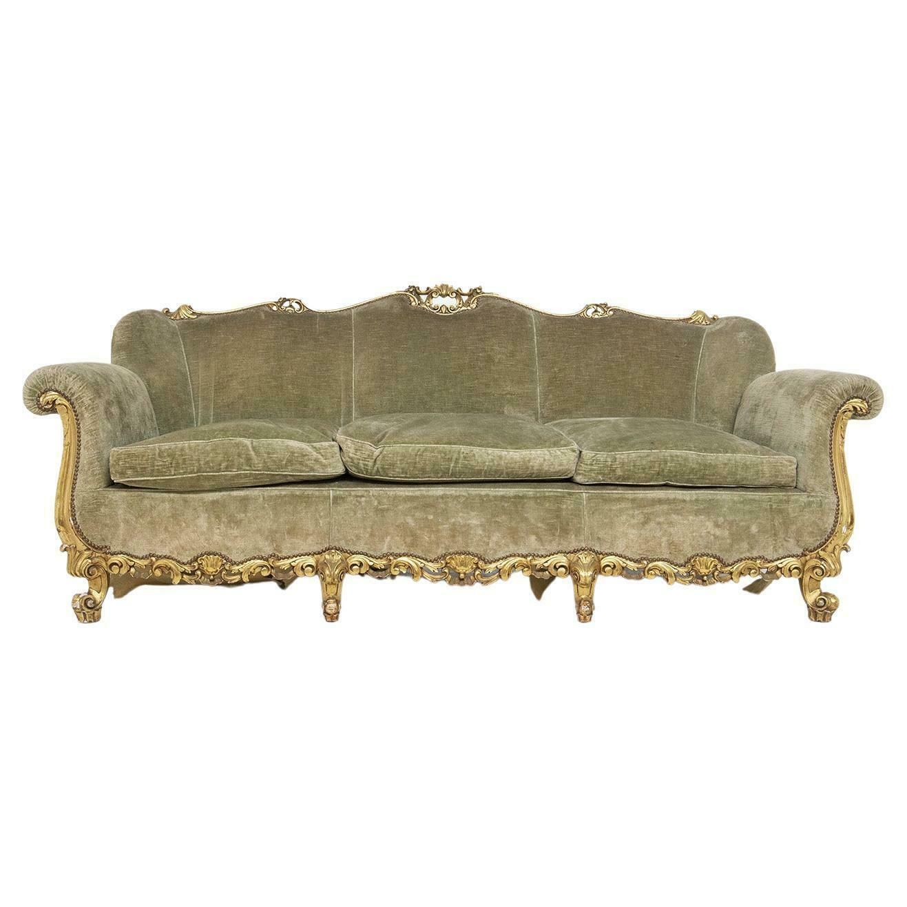 Vintage Italian Sofa In Gilded Wood And Green Velvet