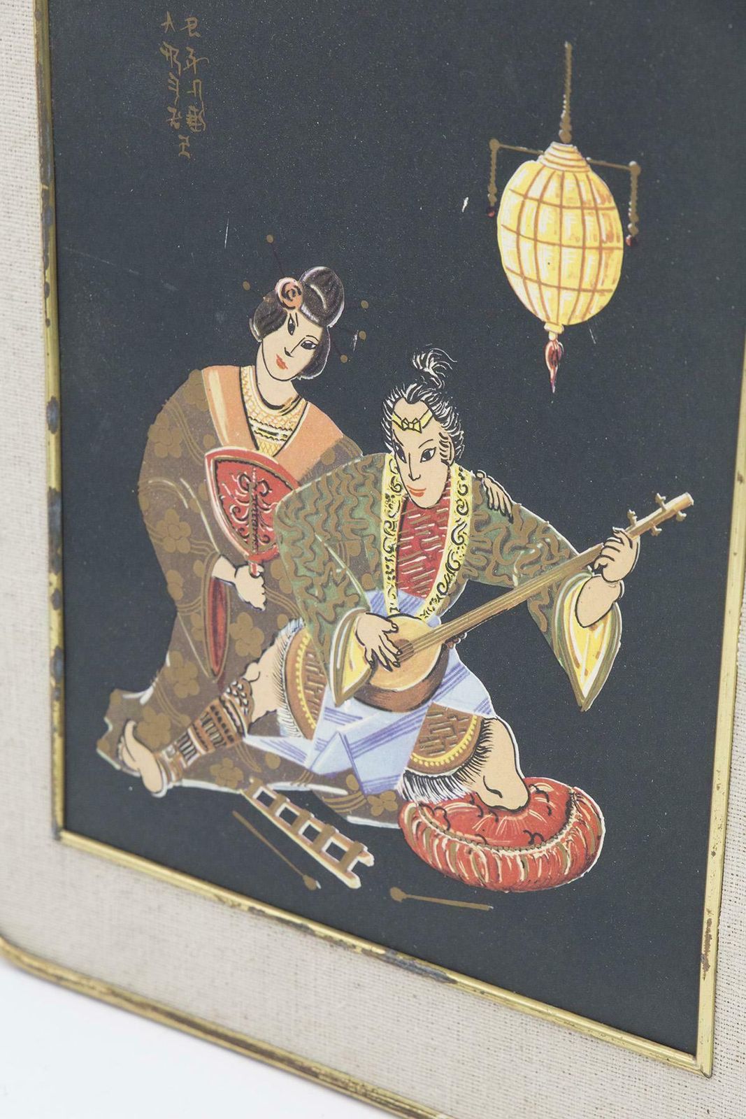Antique Japanese Brass Painting ''Romantic Serenade'' photo for sale