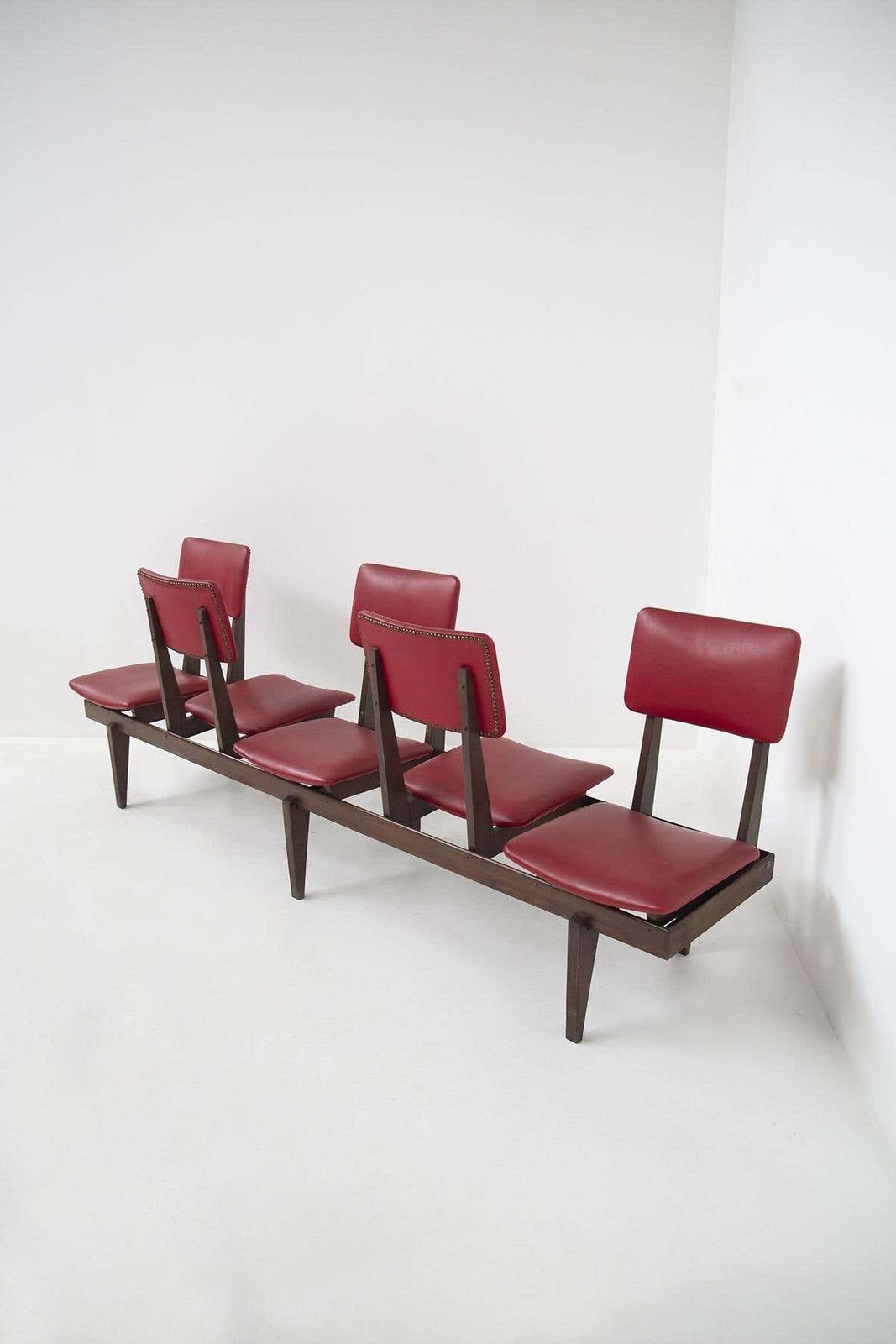 Italian Vintage Bench With Red Leather Seats, 5 Seats photo Furniture