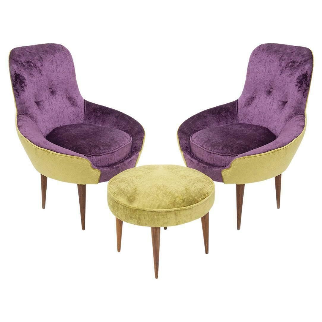 Small Vintage Wooden Armchairs In Velvet Purple And Green With Pouffe