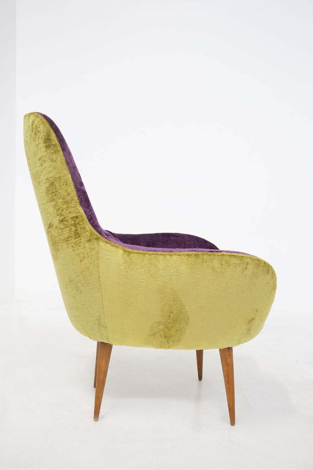 Small Vintage Wooden Armchairs In Velvet Purple And Green With Pouffe photo buy
