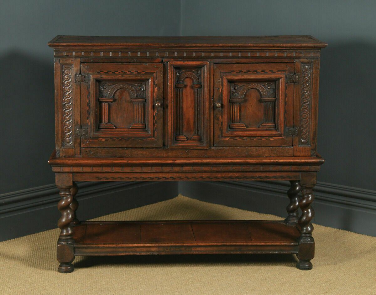 Antique English 17th Century Oak Inlaid Cupboard On Stand (Circa 1675 photo furniture