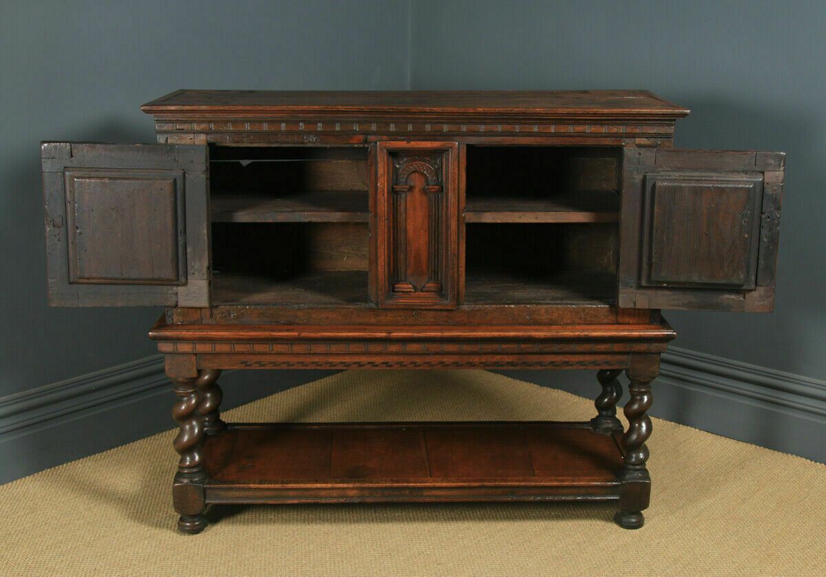 photo for sale Antique English 17th Century Oak Inlaid Cupboard On Stand (Circa 1675