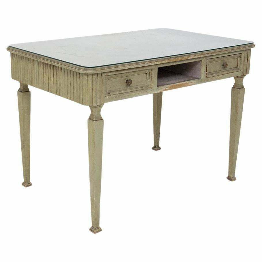French Rustic Chic Desk In Glass, Wood And Brass