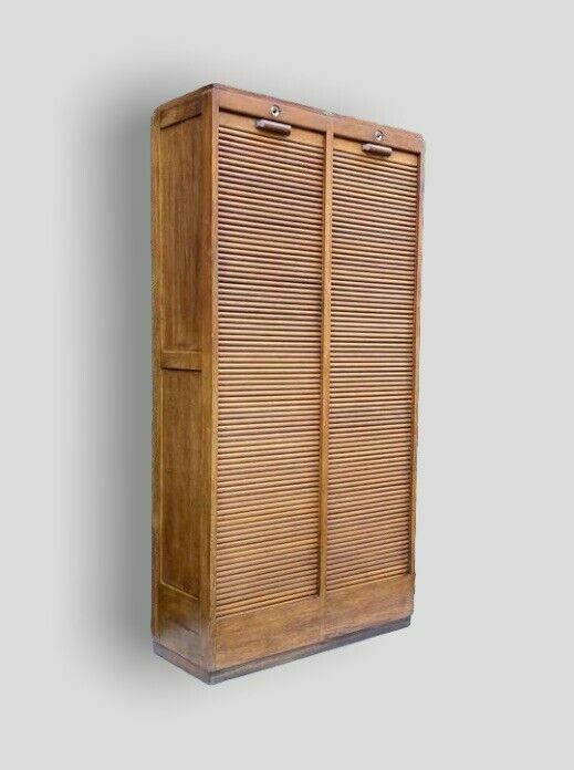 Vintage Mid Century Oak & Plywood Tambour Roll Front Double Filing Cabinet photo 1795.0