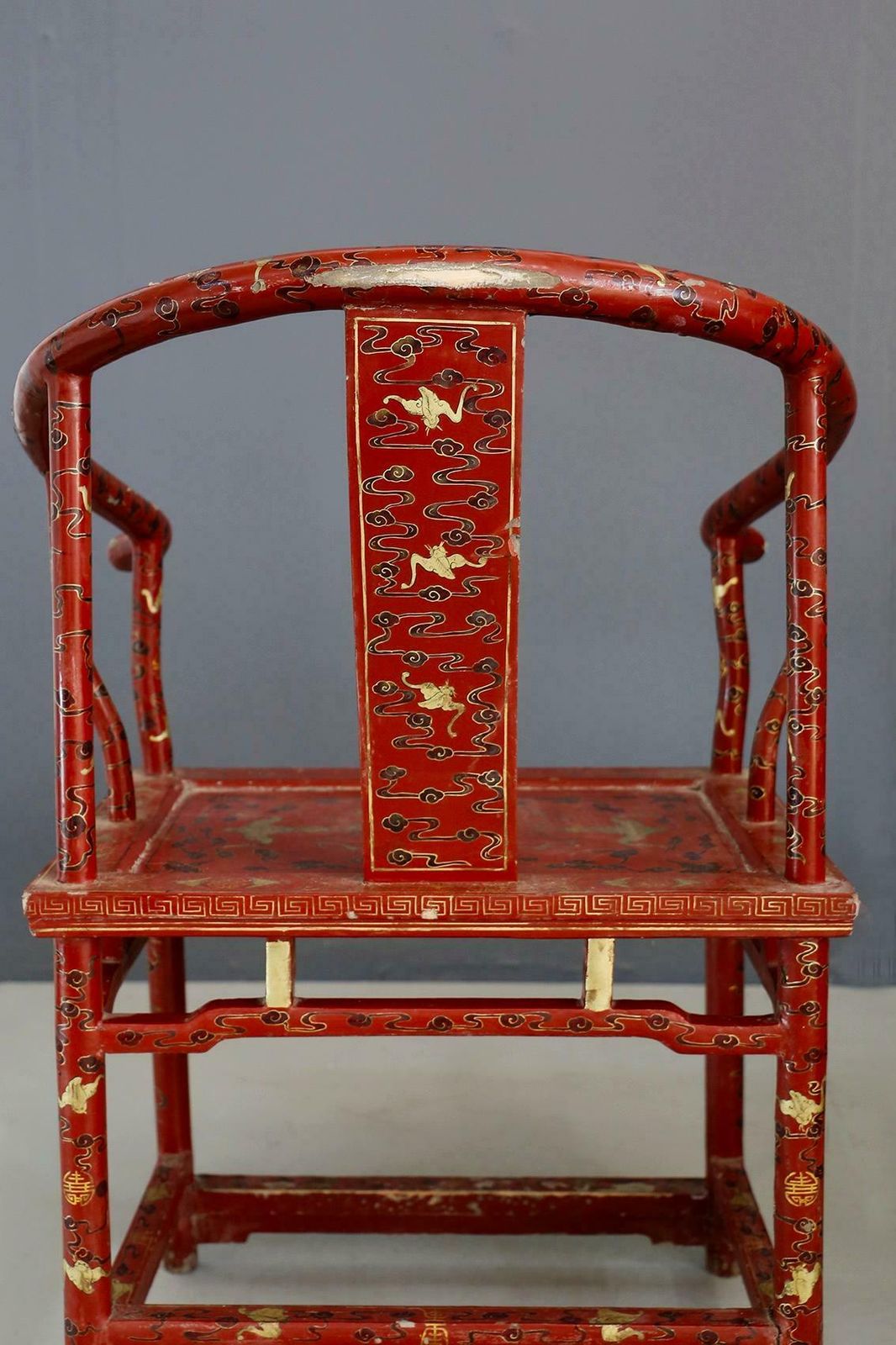 Pair Of Chinese Chair In Lacquered Red Wood Of 18th Century photo vintage