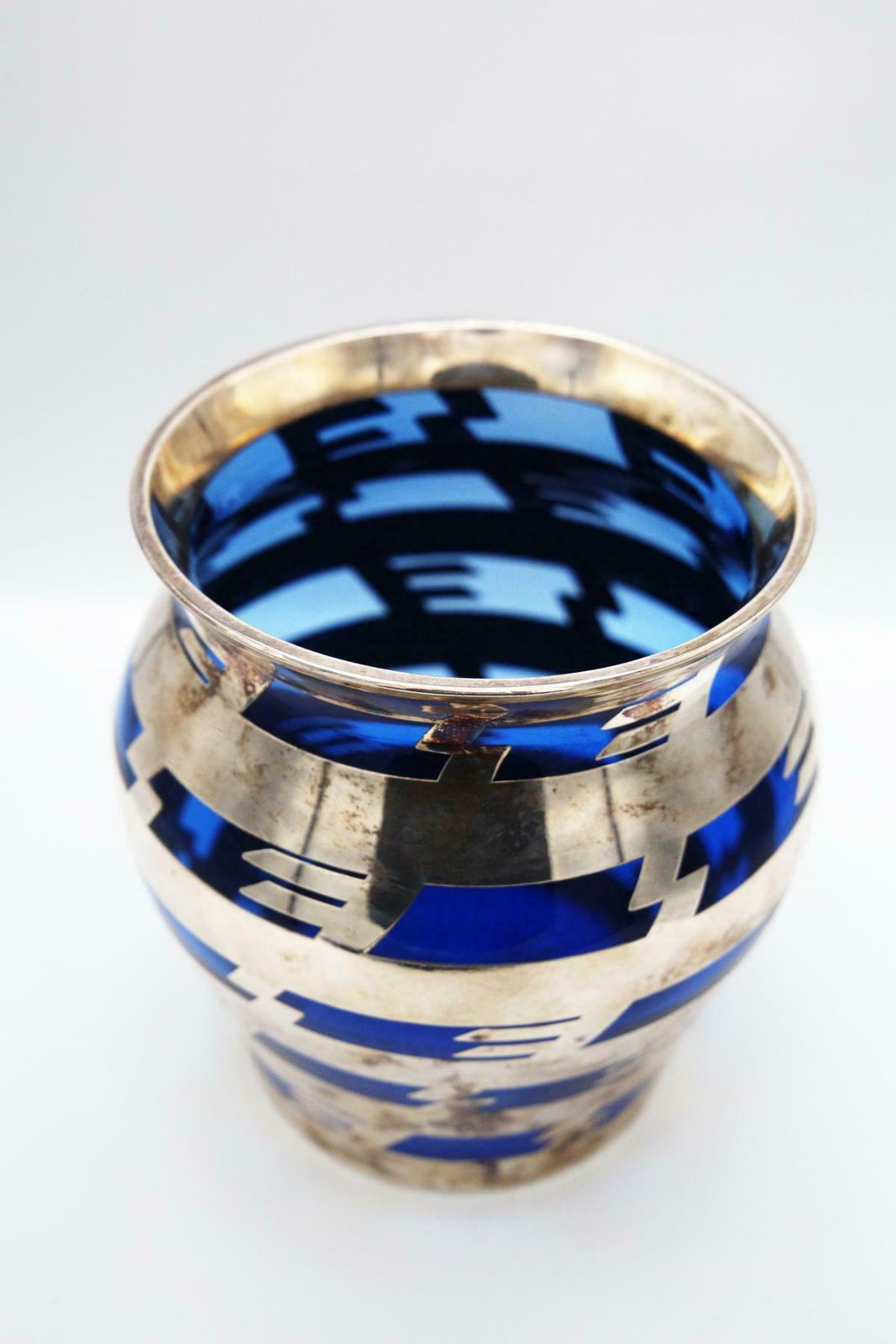 Vintage Vase In Blue Glass And Silver Metal photo vinterior