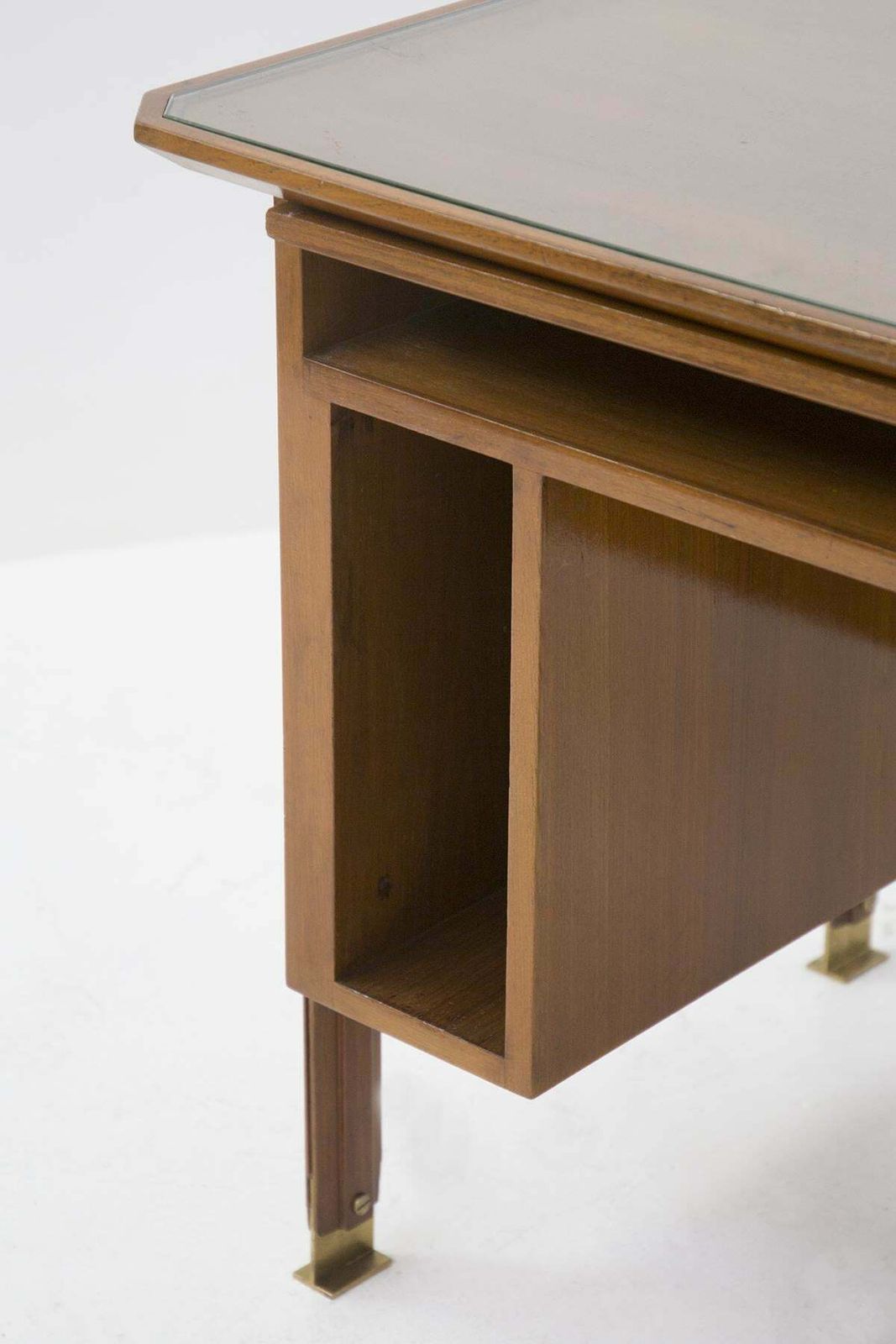 Italian Vintage Desk In Walnut Wood, Brass And Glass photo for sale