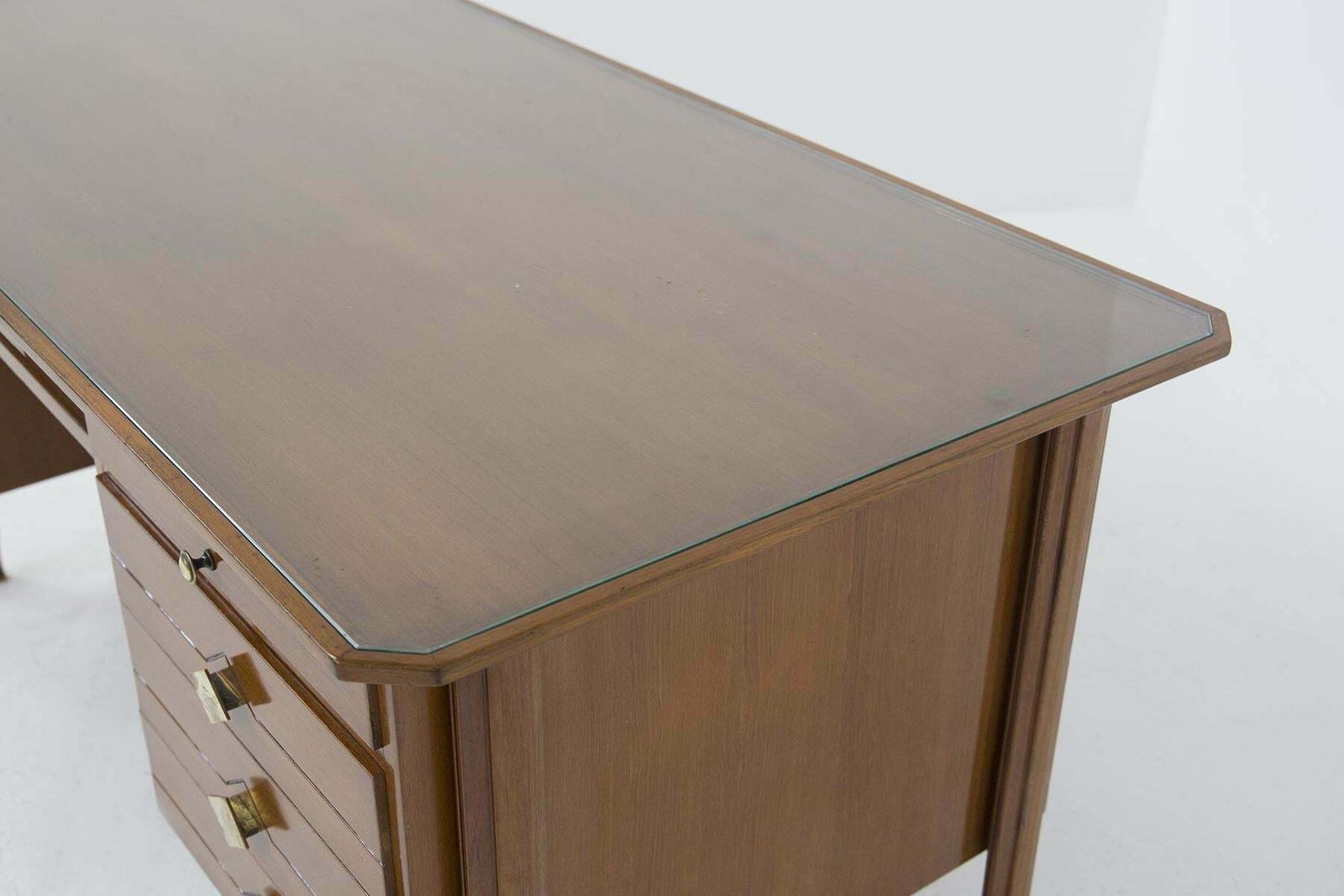 Italian Vintage Desk In Walnut Wood, Brass And Glass photo buy
