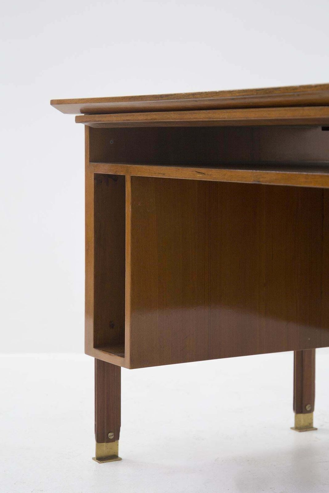 Italian Vintage Desk In Walnut Wood, Brass And Glass photo vintage