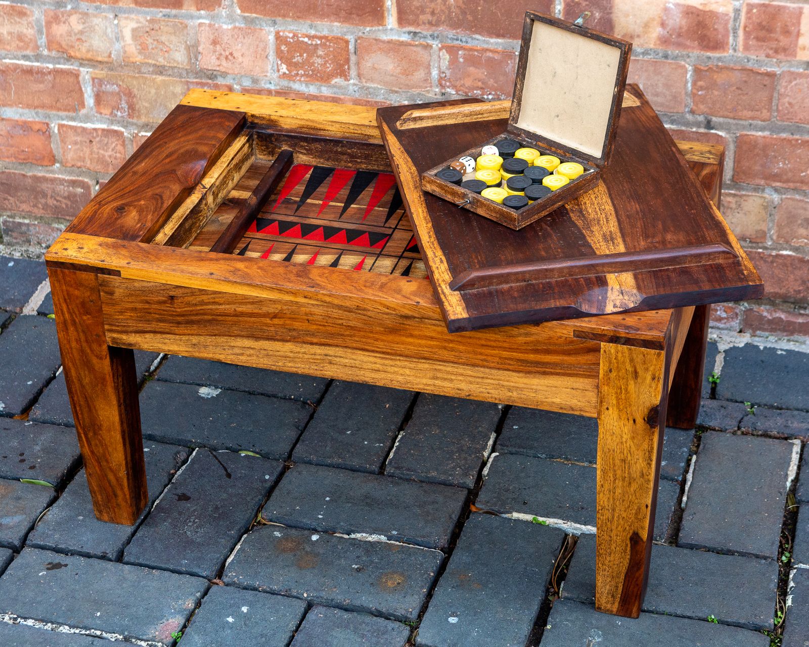 Turkish Backgammon Rustic Coffee Table Metamorphic Artisan Rainbow Poplar Wood Middle Eastern Hardwood Mid Century Mcm 1970s photo Furniture