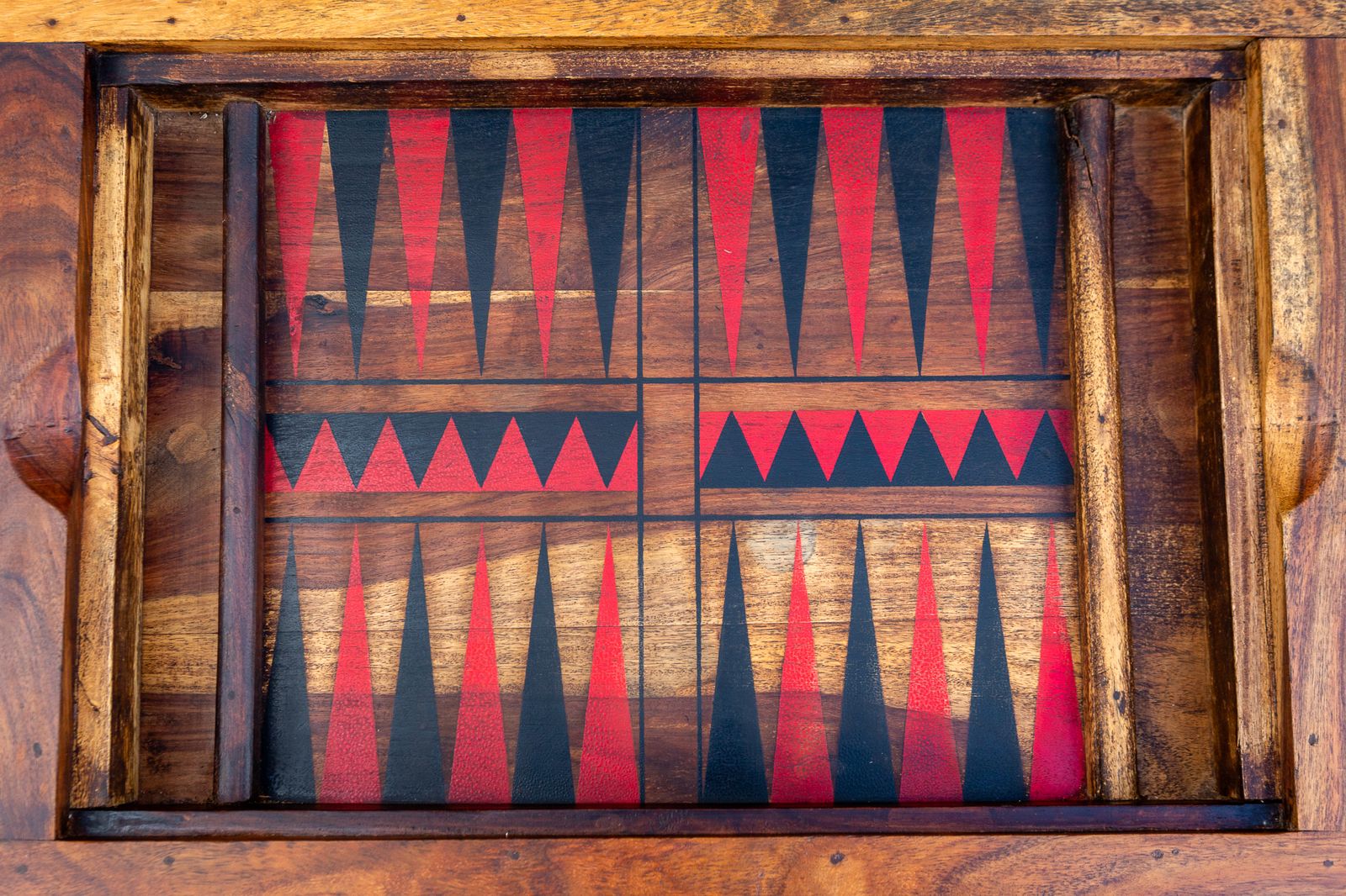 photo vintage Turkish Backgammon Rustic Coffee Table Metamorphic Artisan Rainbow Poplar Wood Middle Eastern Hardwood Mid Century Mcm 1970s