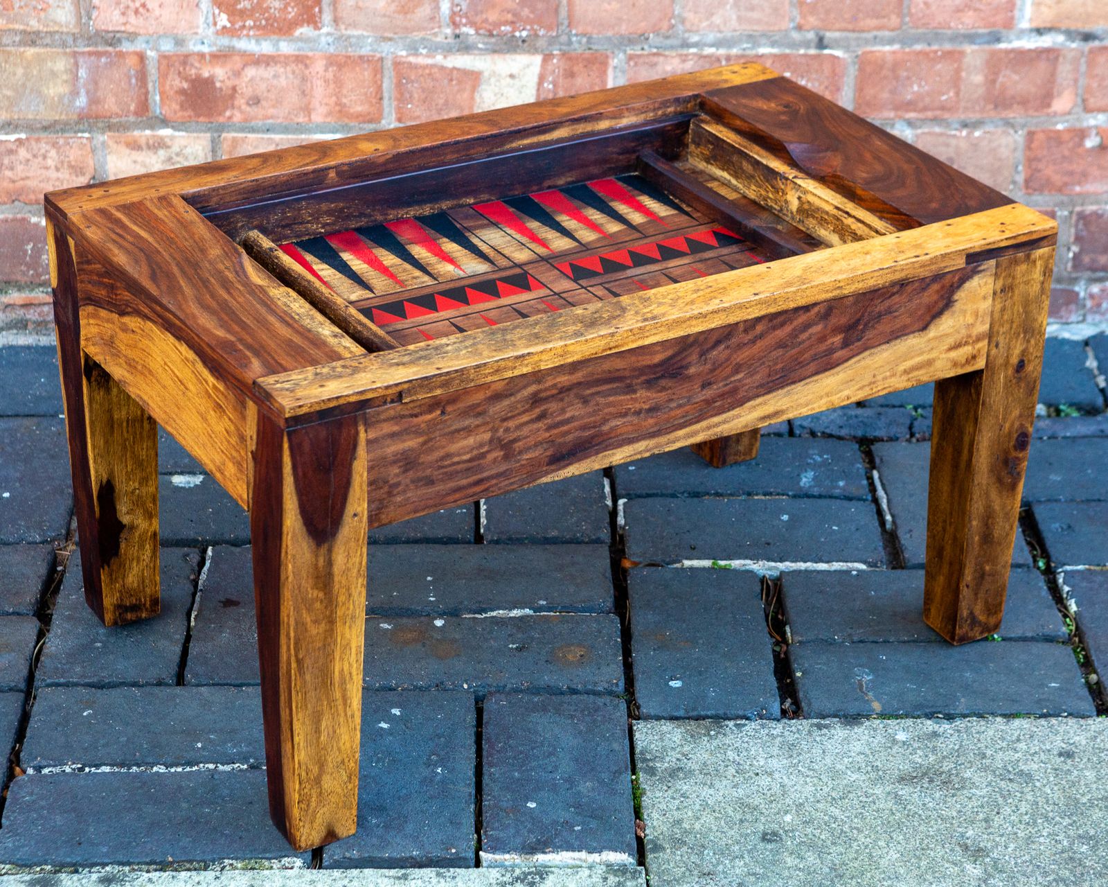 Turkish Backgammon Rustic Coffee Table Metamorphic Artisan Rainbow Poplar Wood Middle Eastern Hardwood Mid Century Mcm 1970s photo for sale