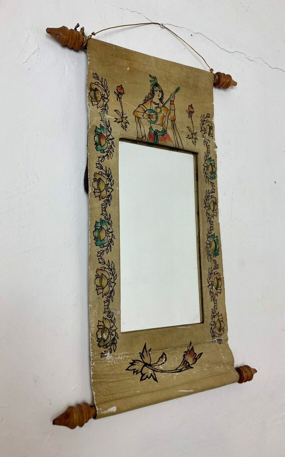 Mid 20th Century Leather Scroll Mirror Indian Indonesian Hand Painted Wall Art