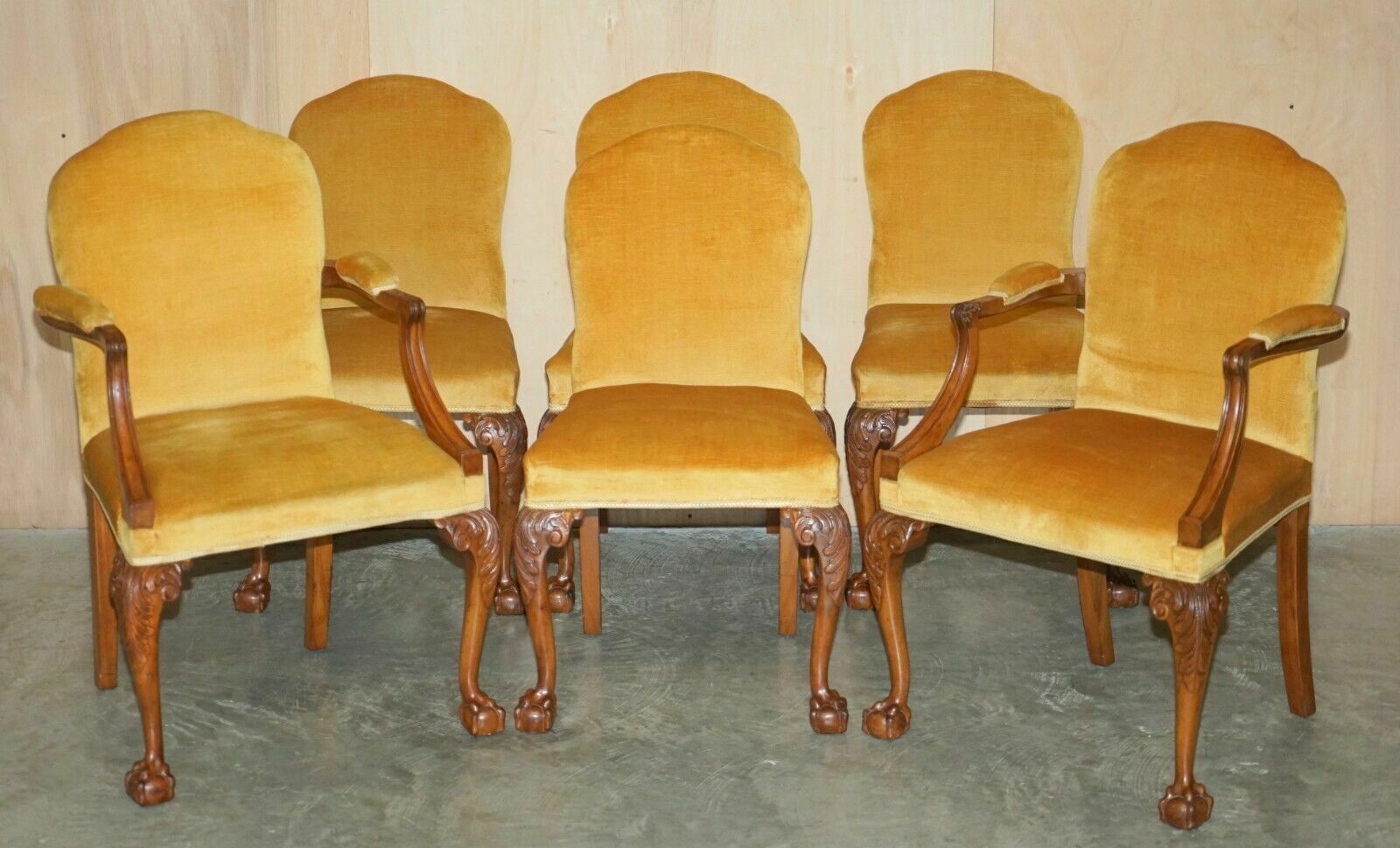 Fine Set Of Six Solid Hand Carved Walnut Claw & Ball Feet Art Deco Dining Chairs