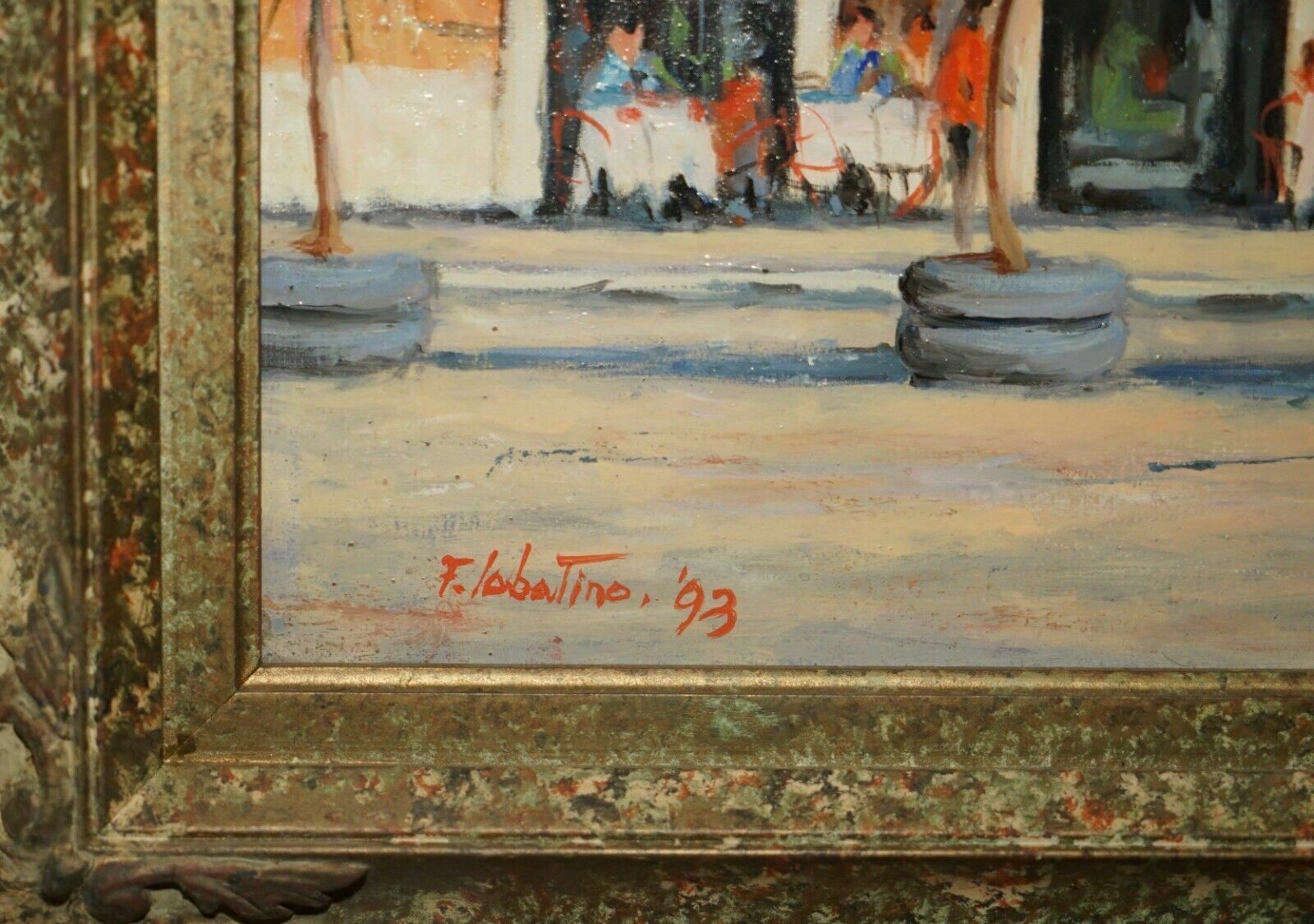 photo furniture F.Labatino Signed Bar Pantheon Pizza Della Rotonda Oil Painting In Lovely Frame