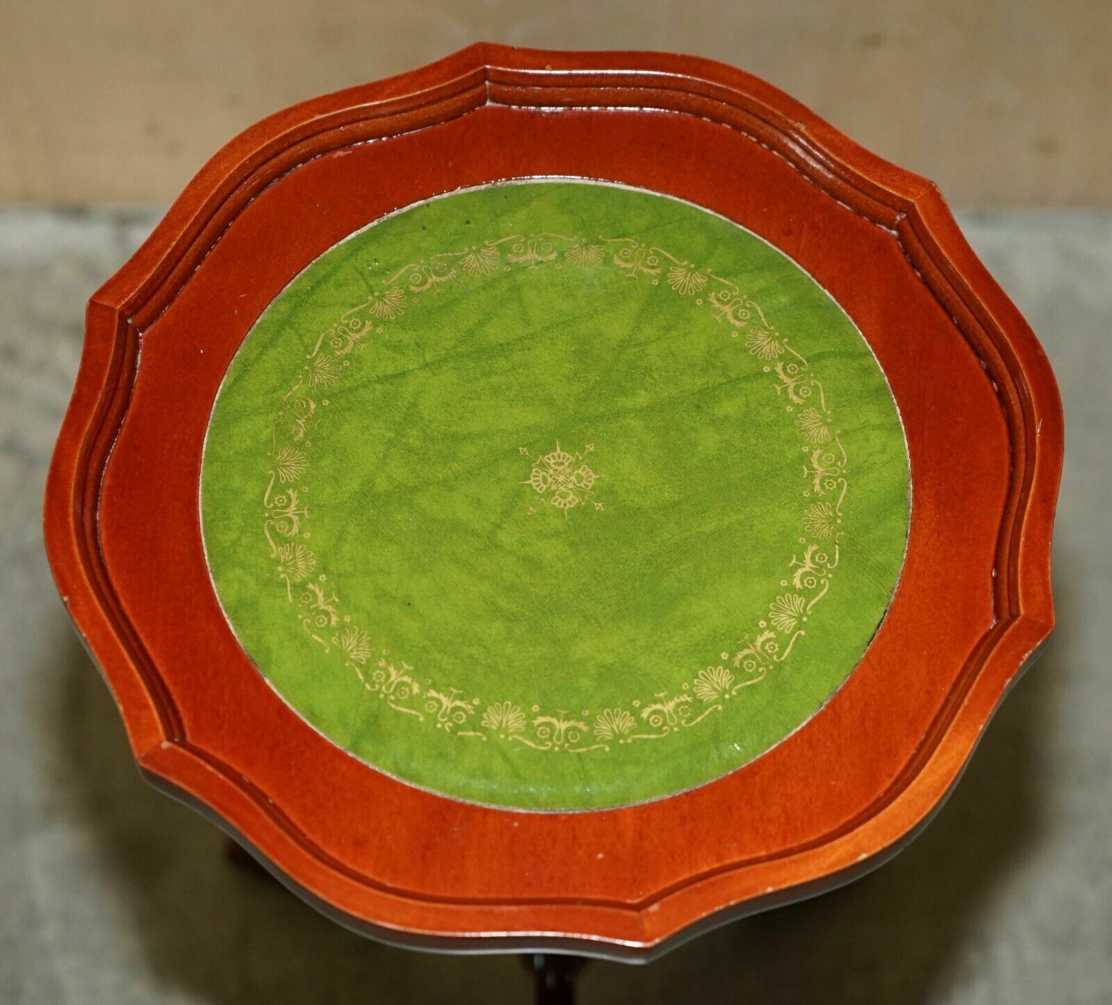 photo buy Large Vintage Beech Pie Crust Edge Green Leather Tripod Side End Lamp Wine Table