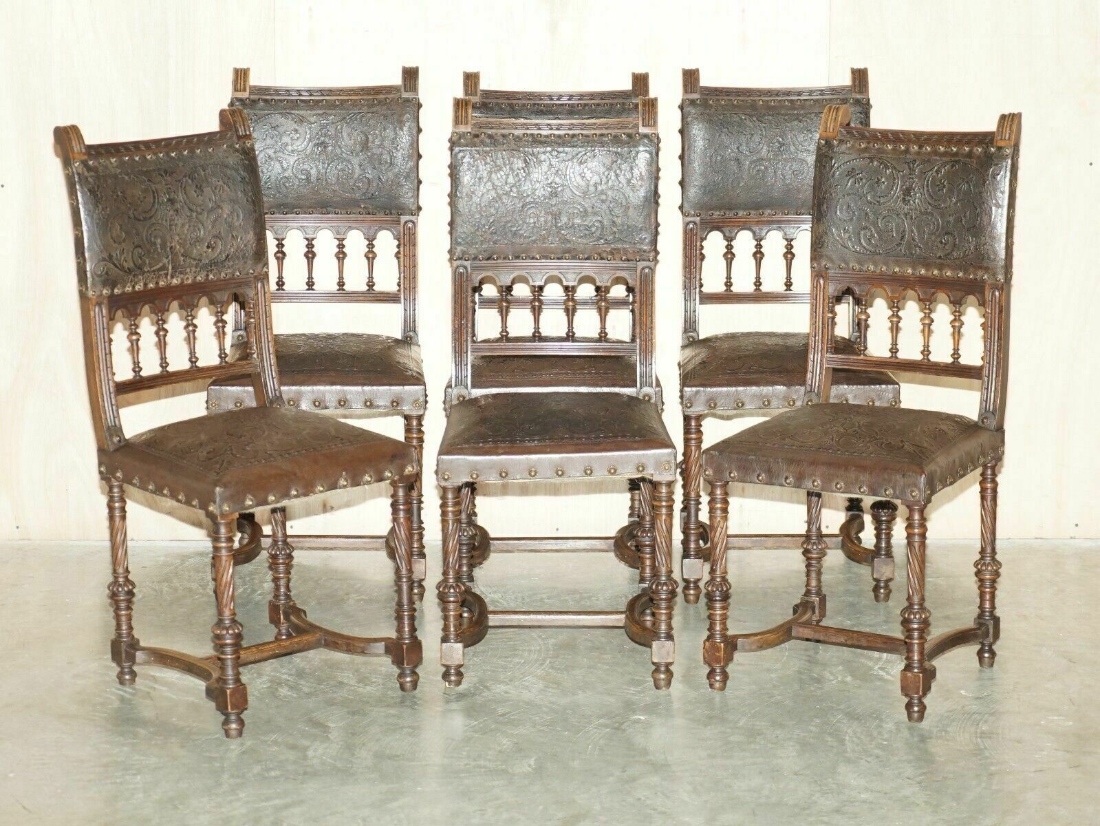 Fine Set Of Six Henry II Circa 1880 French Oak & Embossed Leather Dining Chairs