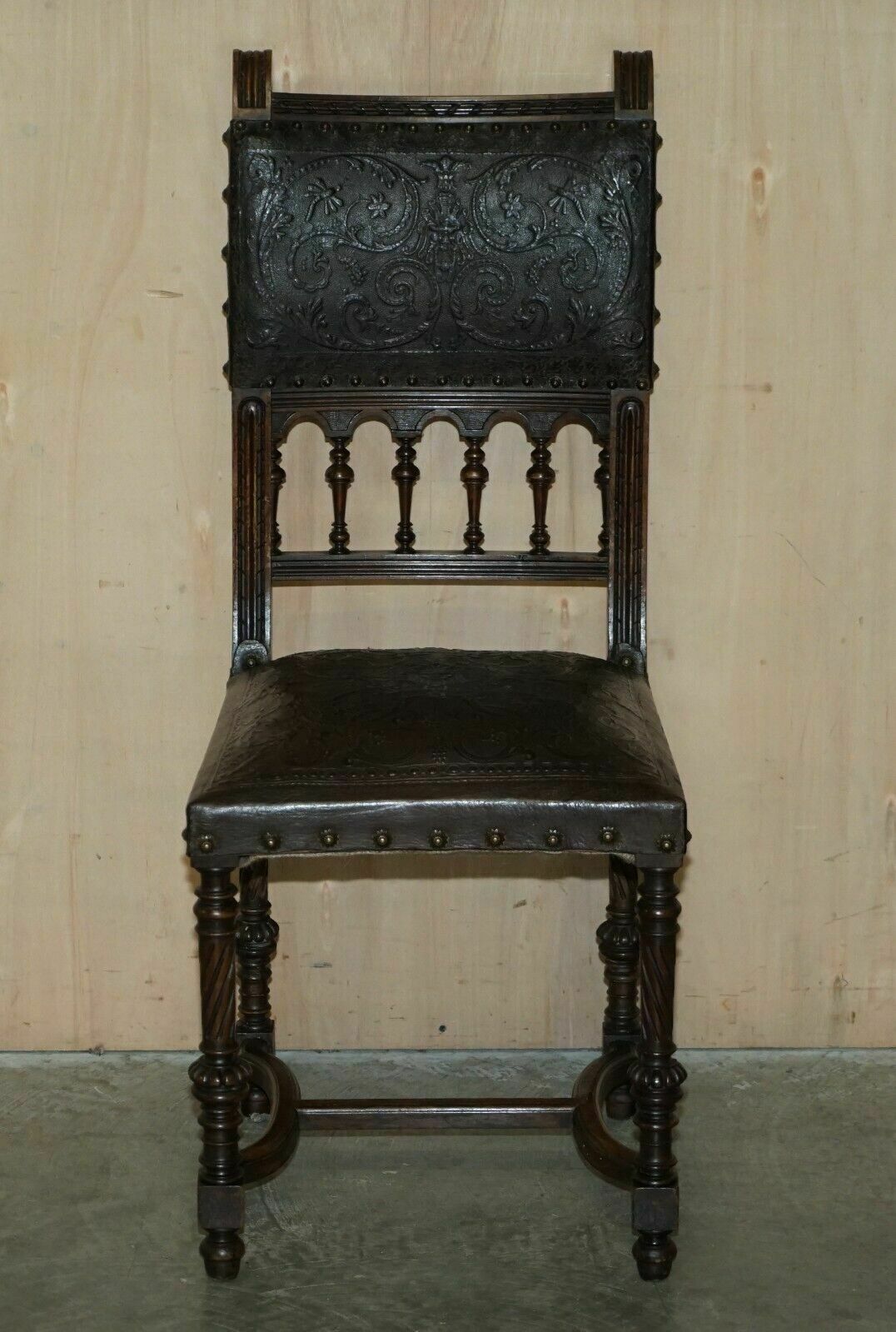 Fine Set Of Six Henry II Circa 1880 French Oak & Embossed Leather Dining Chairs photo for sale