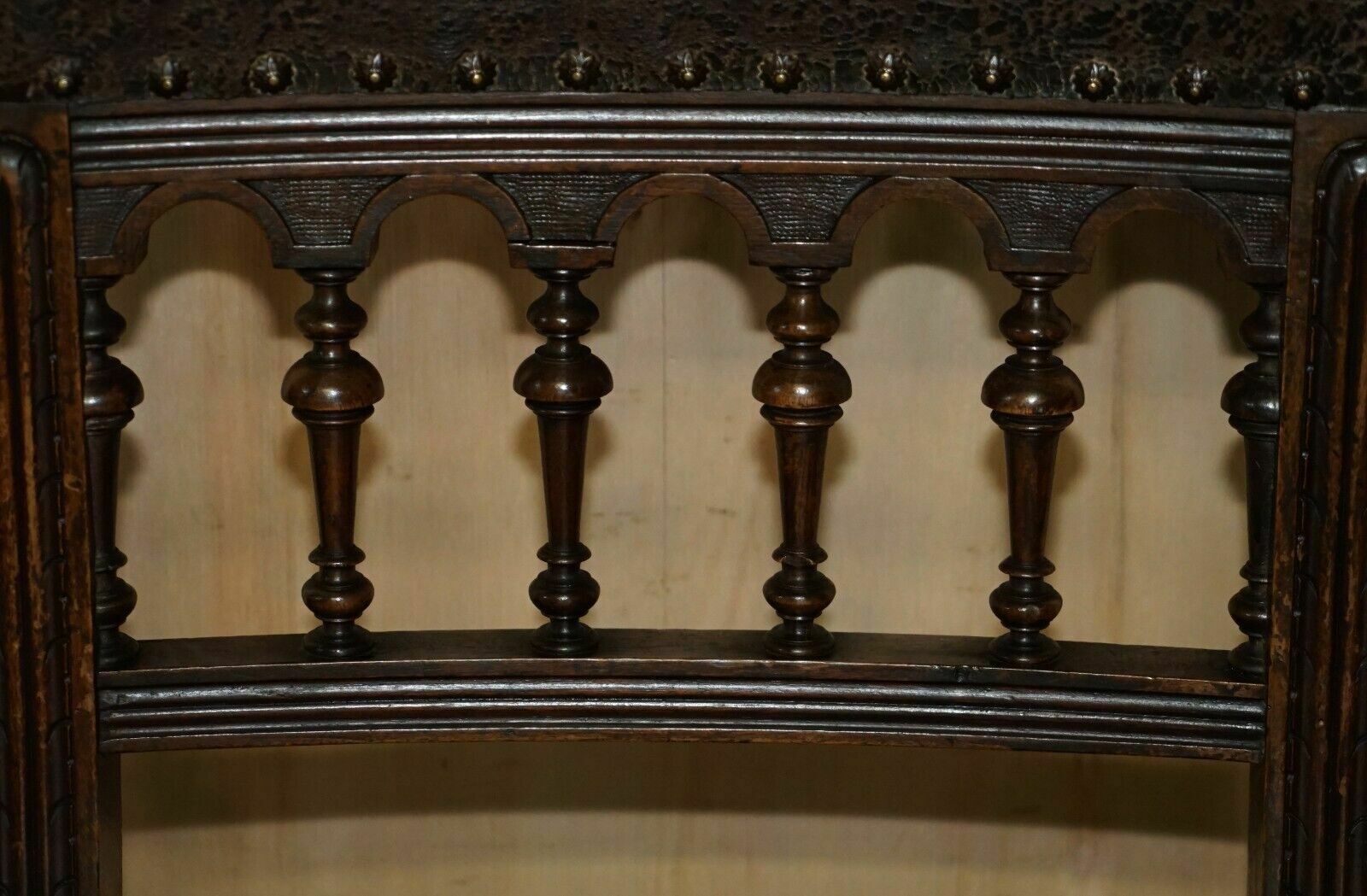 Furniture Fine Set Of Six Henry II Circa 1880 French Oak & Embossed Leather Dining Chairs photo