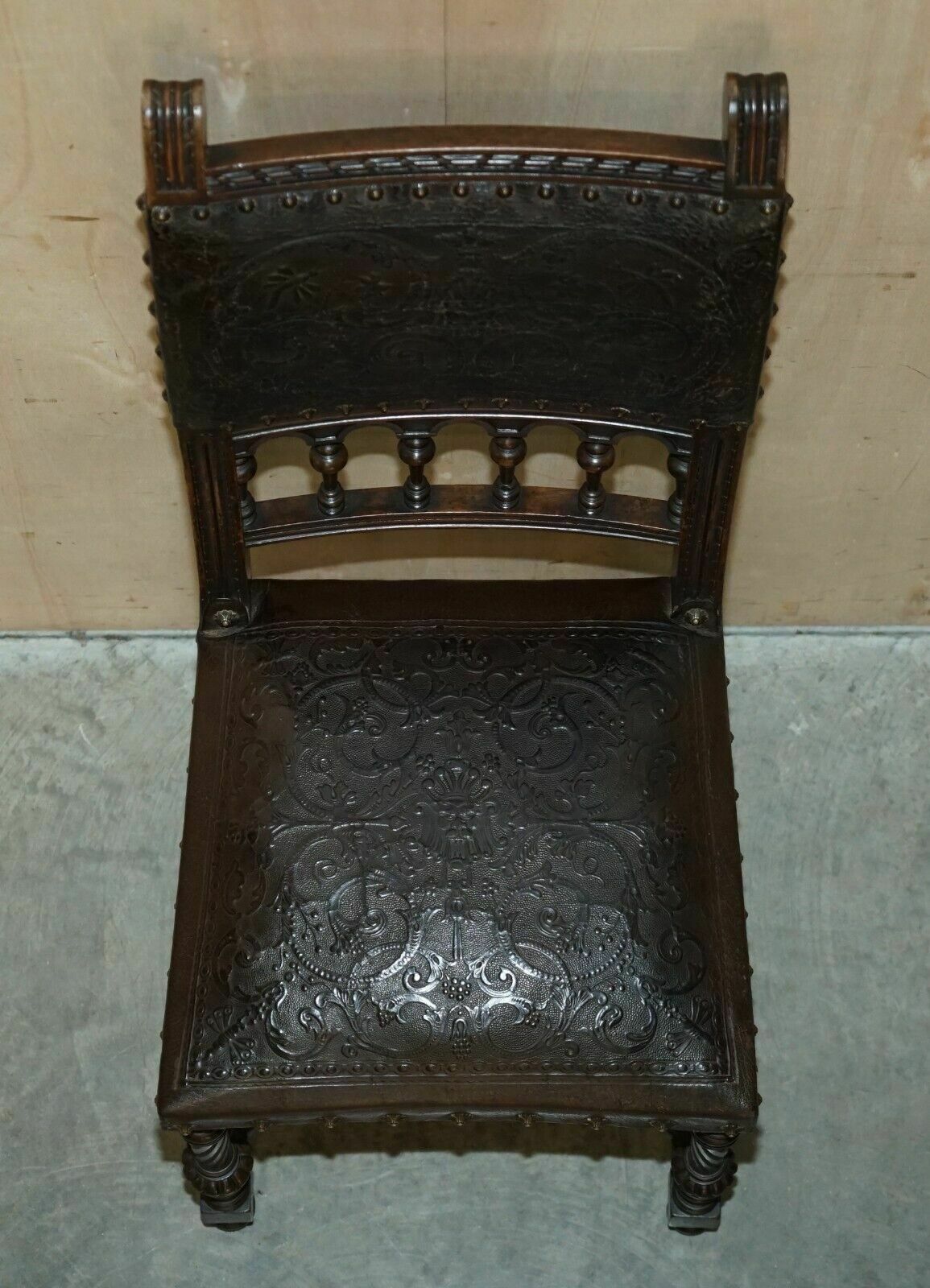 photo buy Fine Set Of Six Henry II Circa 1880 French Oak & Embossed Leather Dining Chairs