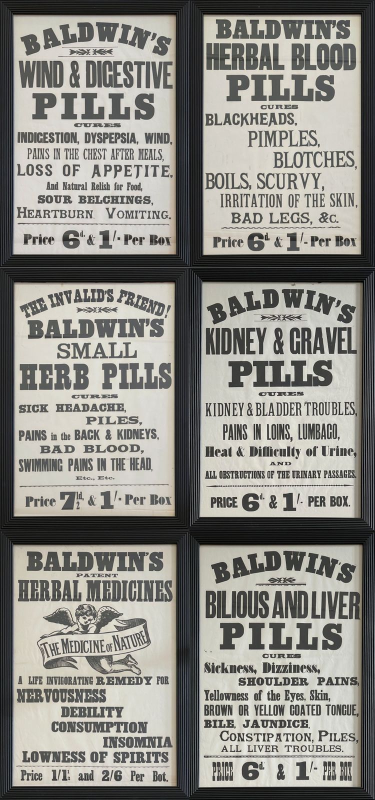 A Set Of Six Original Victorian 'Baldwin's Pills' Vintage Framed Posters   C.1895 photo 1950.0