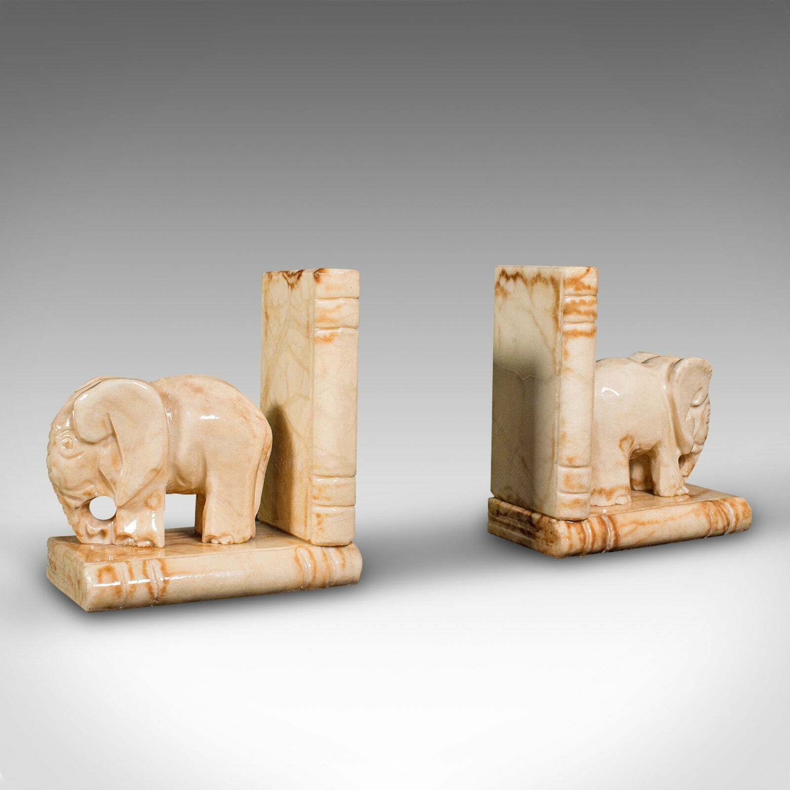 Pair Of Antique Elephant Bookends, African, Milk Onyx, Book Rest, Victorian
